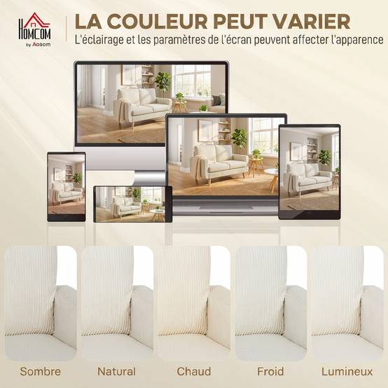 Canapé 2 places en velours côtelé, canapé de salon moderne 134 cm, assise rembourrée, coussin à ressorts, crème - Image 8