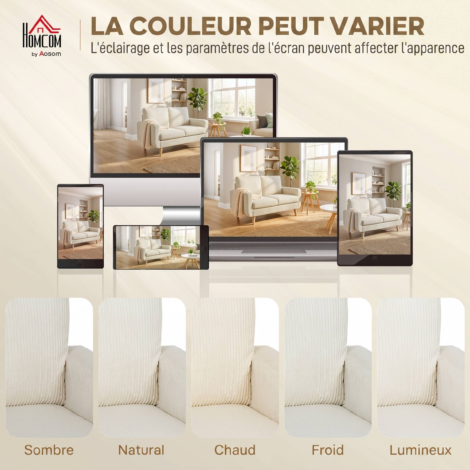 Canapé 2 places en velours côtelé, canapé de salon moderne 134 cm, assise rembourrée, coussin à ressorts, crème - Image 8