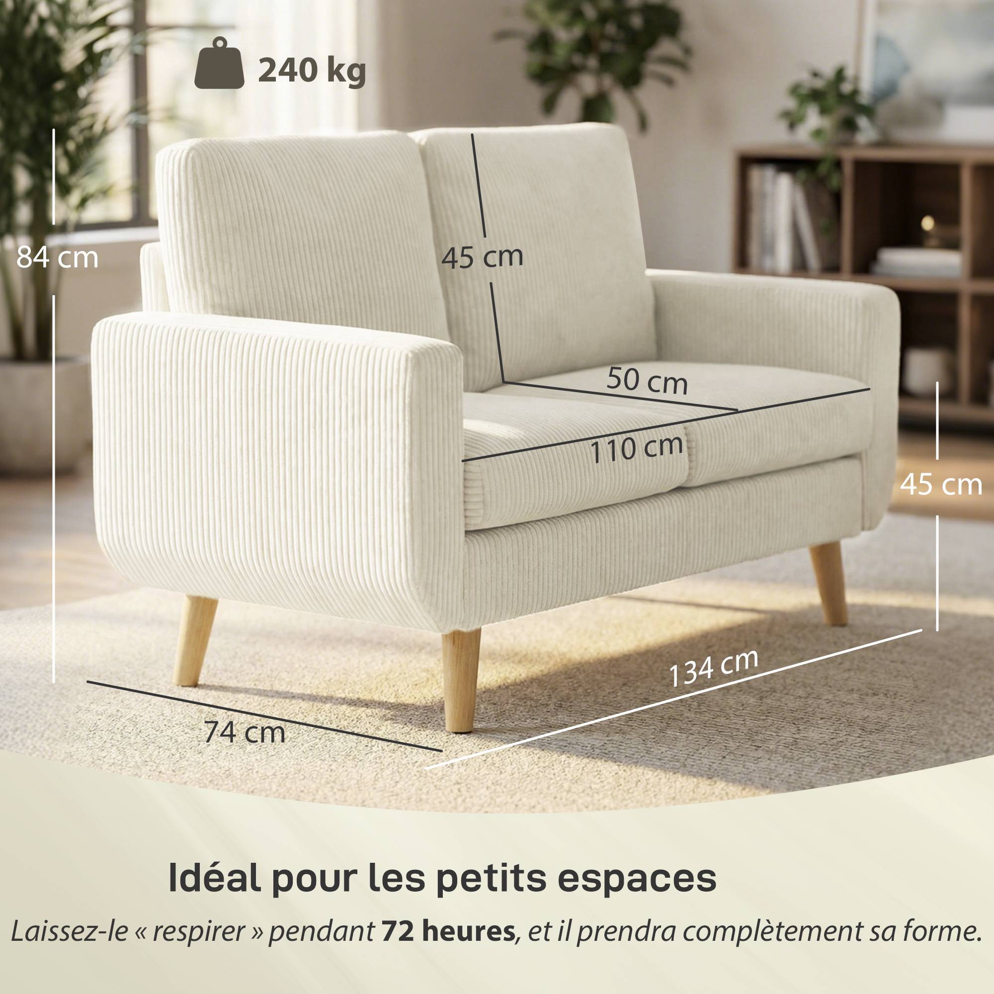 Canapé 2 places en velours côtelé, canapé de salon moderne 134 cm, assise rembourrée, coussin à ressorts, crème - Image 5