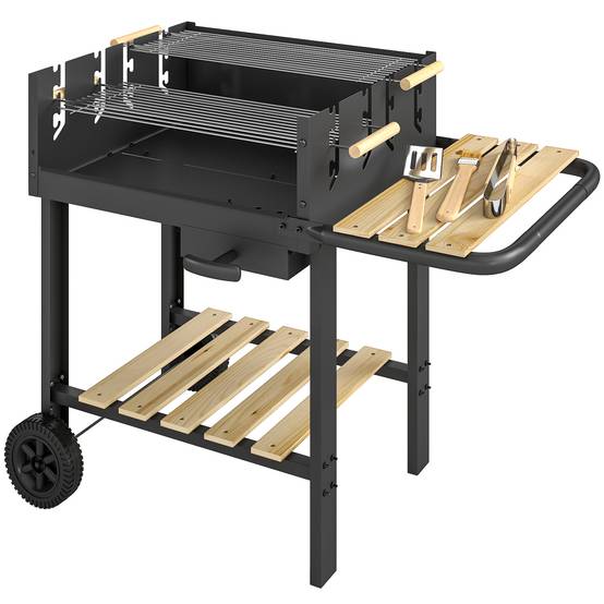 Outsunny - Chariot à barbecue de bois 2 grilles réglables - tablette latérale, étagère inférieure - métal - 99,5x58x82cm - noir - Outsunny - Image 1