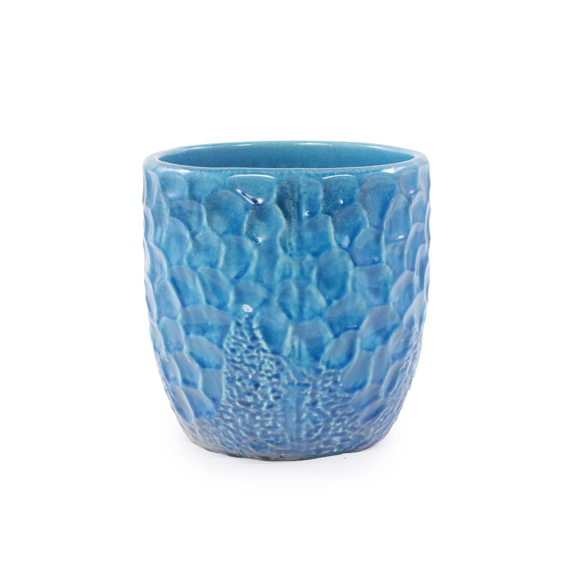 ComfortXL - Pot de fleurs céramique Ø38 cm bleu relief martelé intérieur extérieur antigel drainage - ComfortXL Outdoor Living - Image 1