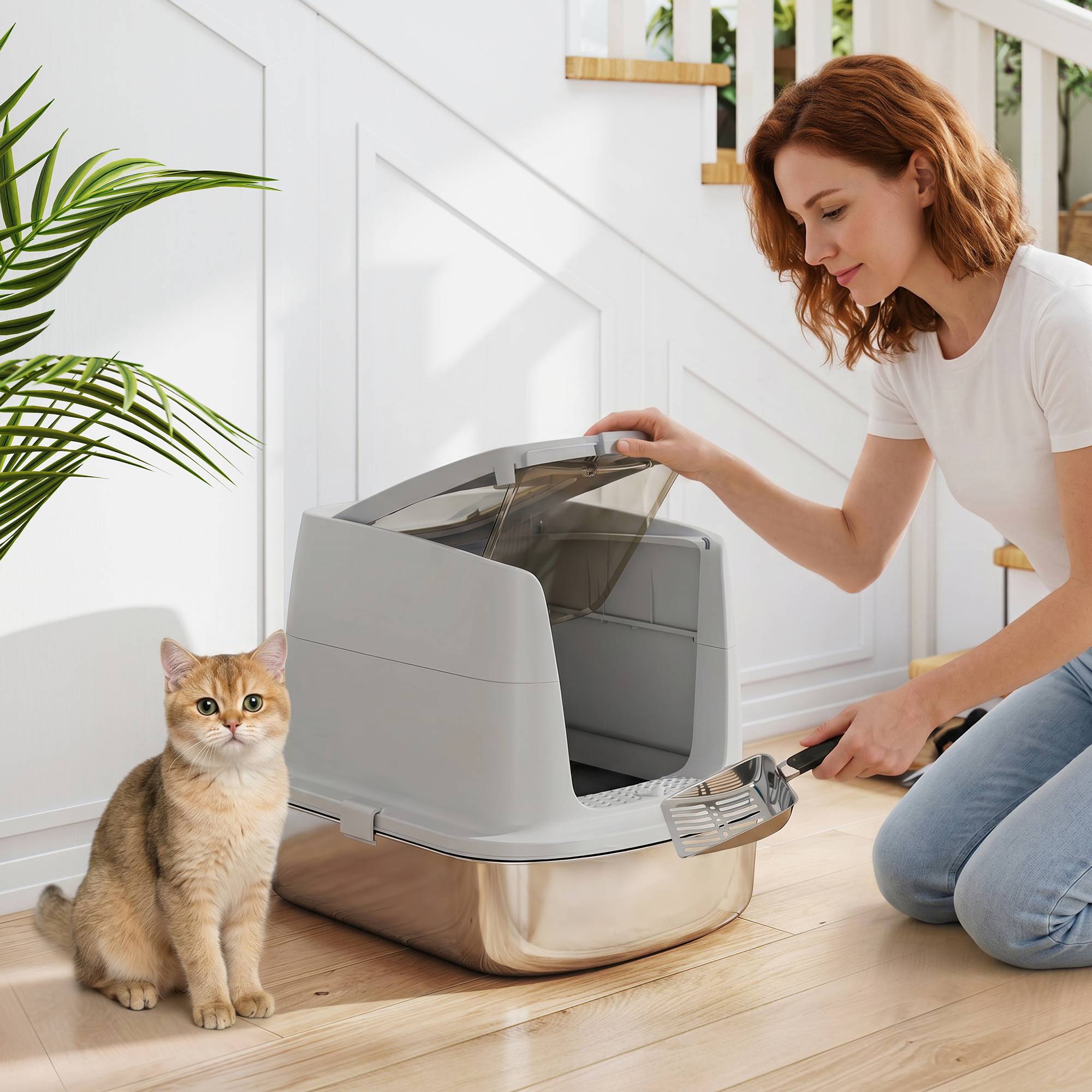 Sans Marque - Bac à litière pour chat en acier inoxydable, bac à litière fermé avec pelle, sac anti-odeurs, entrée/sortie - Image 2