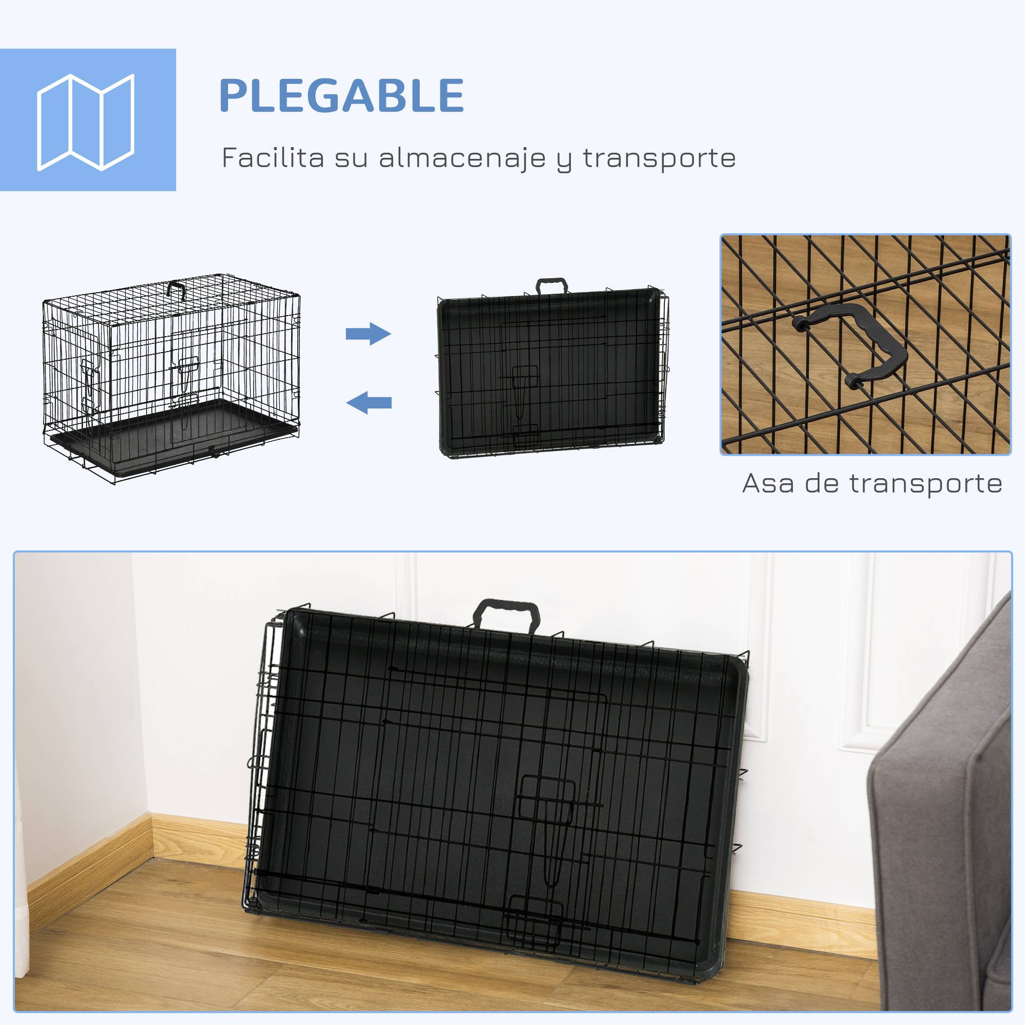 Cage pour chien pliable, transport, 2 portes, bac amovible, poignée, 75x48,5x53 cm, noir - Image 9