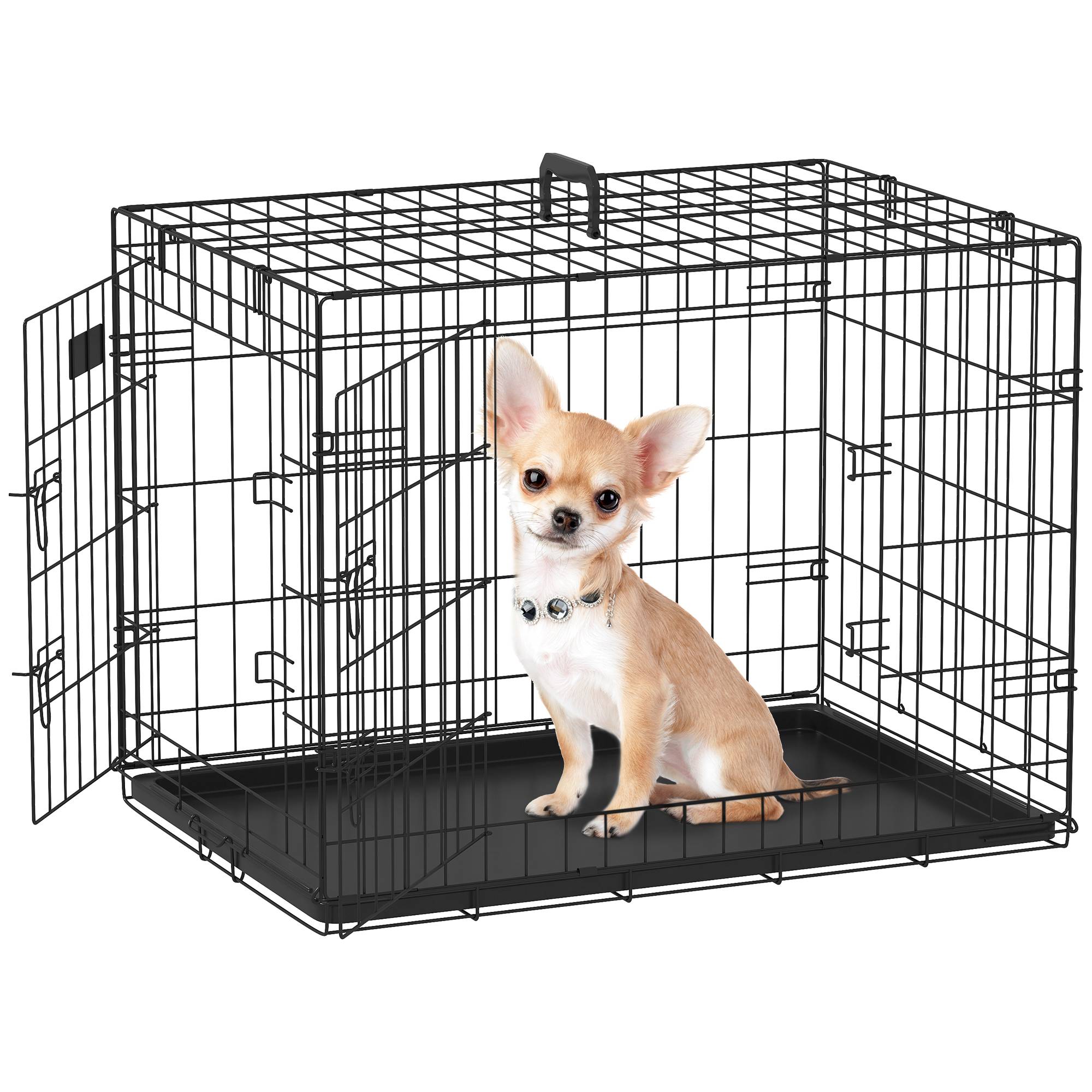 Cage pour chien pliable, transport, 2 portes, bac amovible, poignée, 75x48,5x53 cm, noir - Image 1