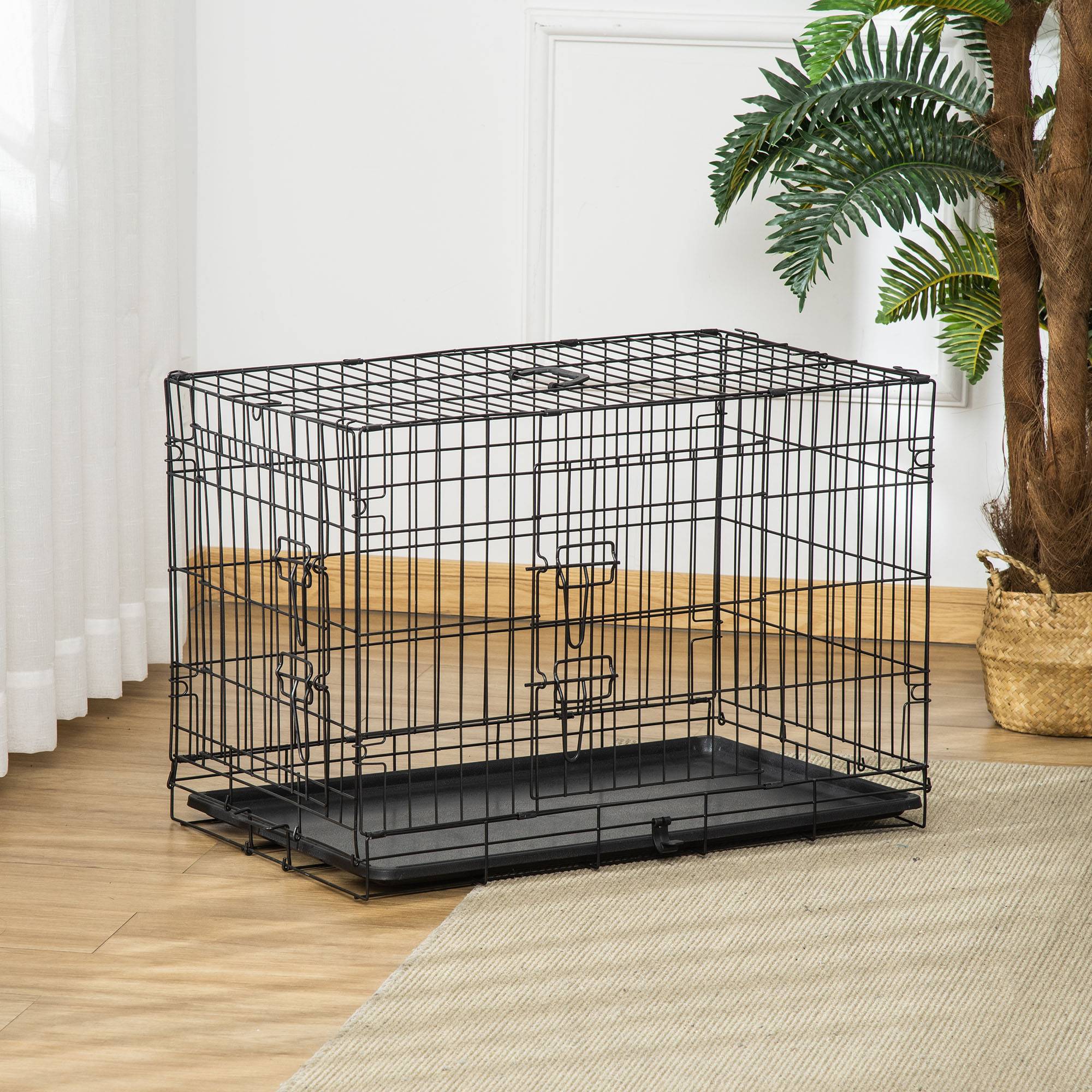 Cage pour chien pliable, transport, 2 portes, bac amovible, poignée, 75x48,5x53 cm, noir - Image 10