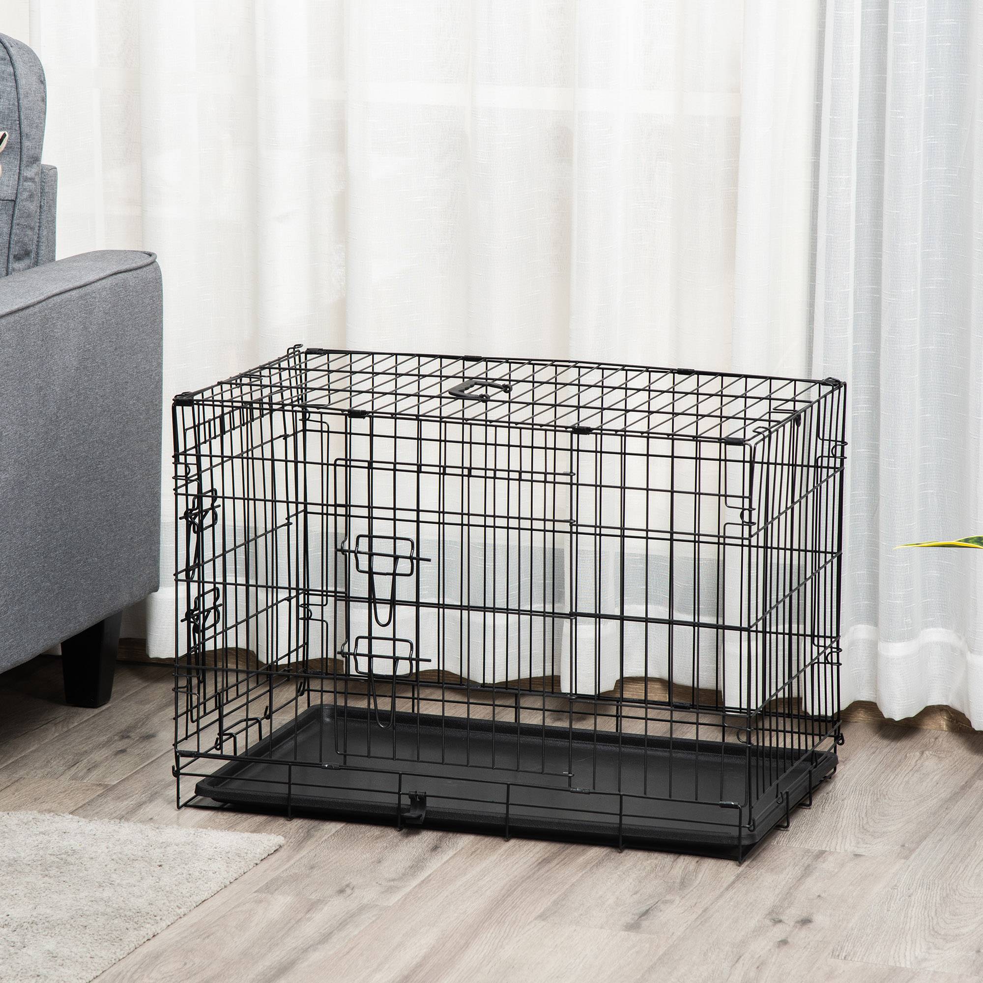 Cage pour chien pliable, transport, 2 portes, bac amovible, poignée, 75x48,5x53 cm, noir - Image 4