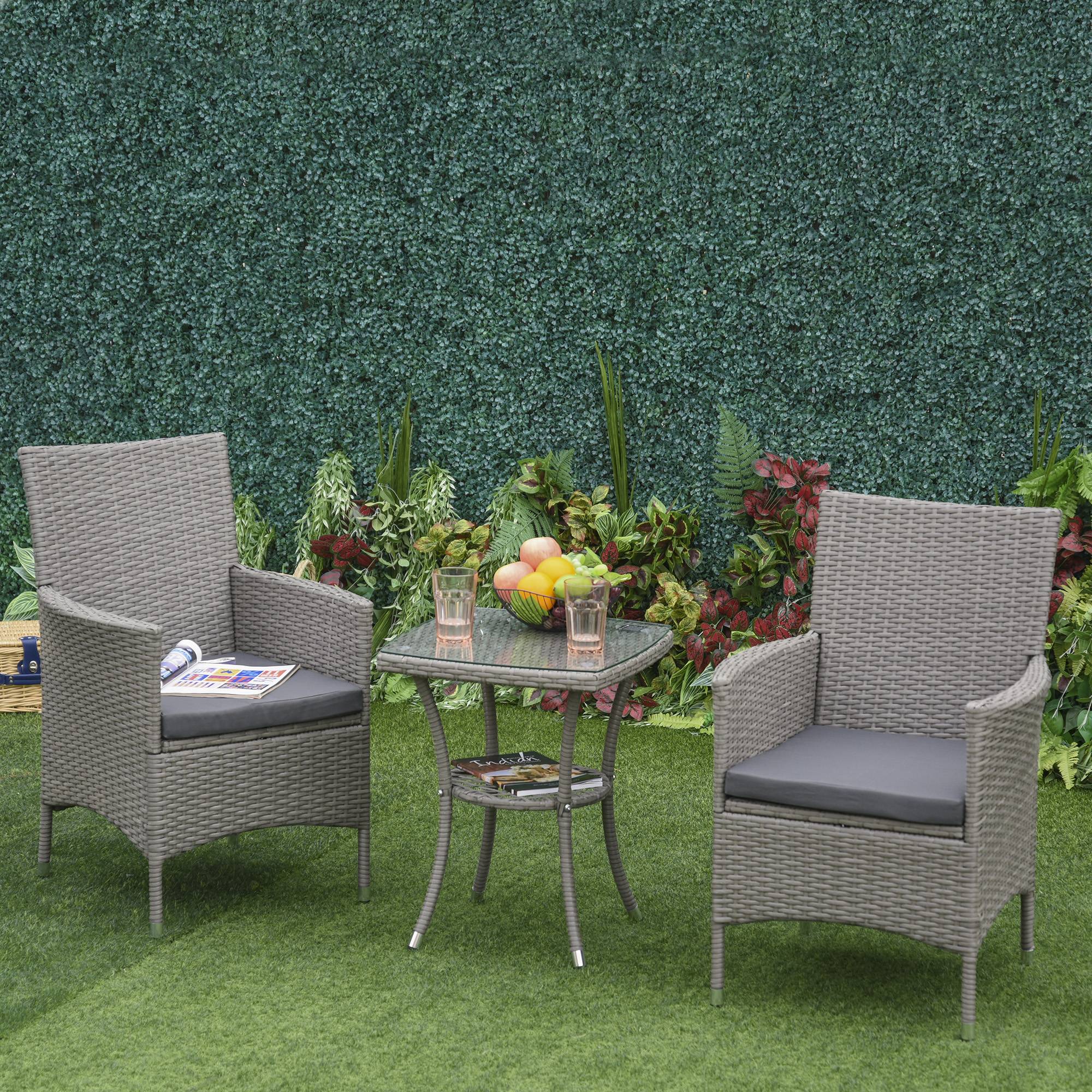 Sans Marque - Ensemble jardin 3 pièces rotin PE acier 2 chaises coussins lavables table verre gris - Image 3