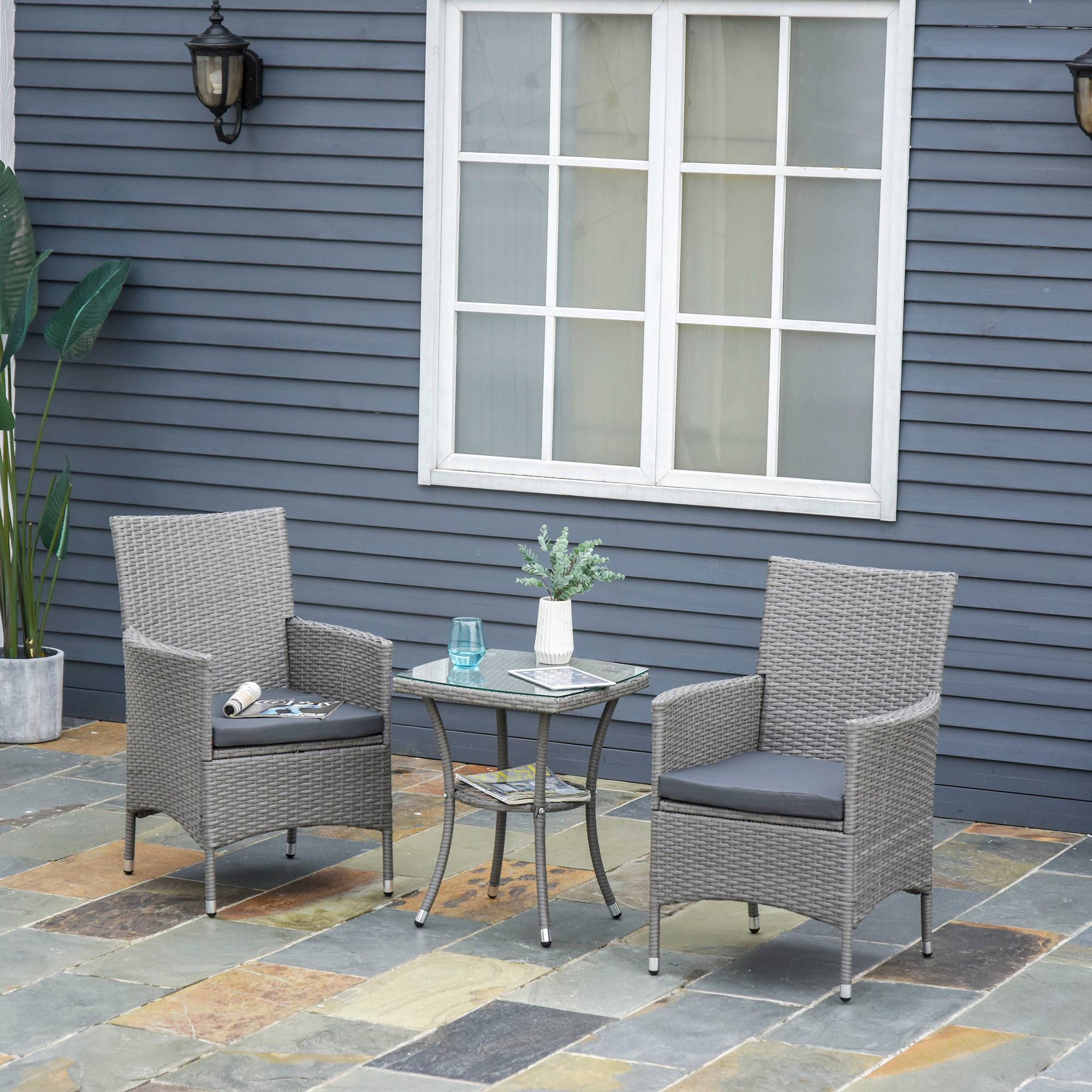 Sans Marque - Ensemble jardin 3 pièces rotin PE acier 2 chaises coussins lavables table verre gris - Image 4