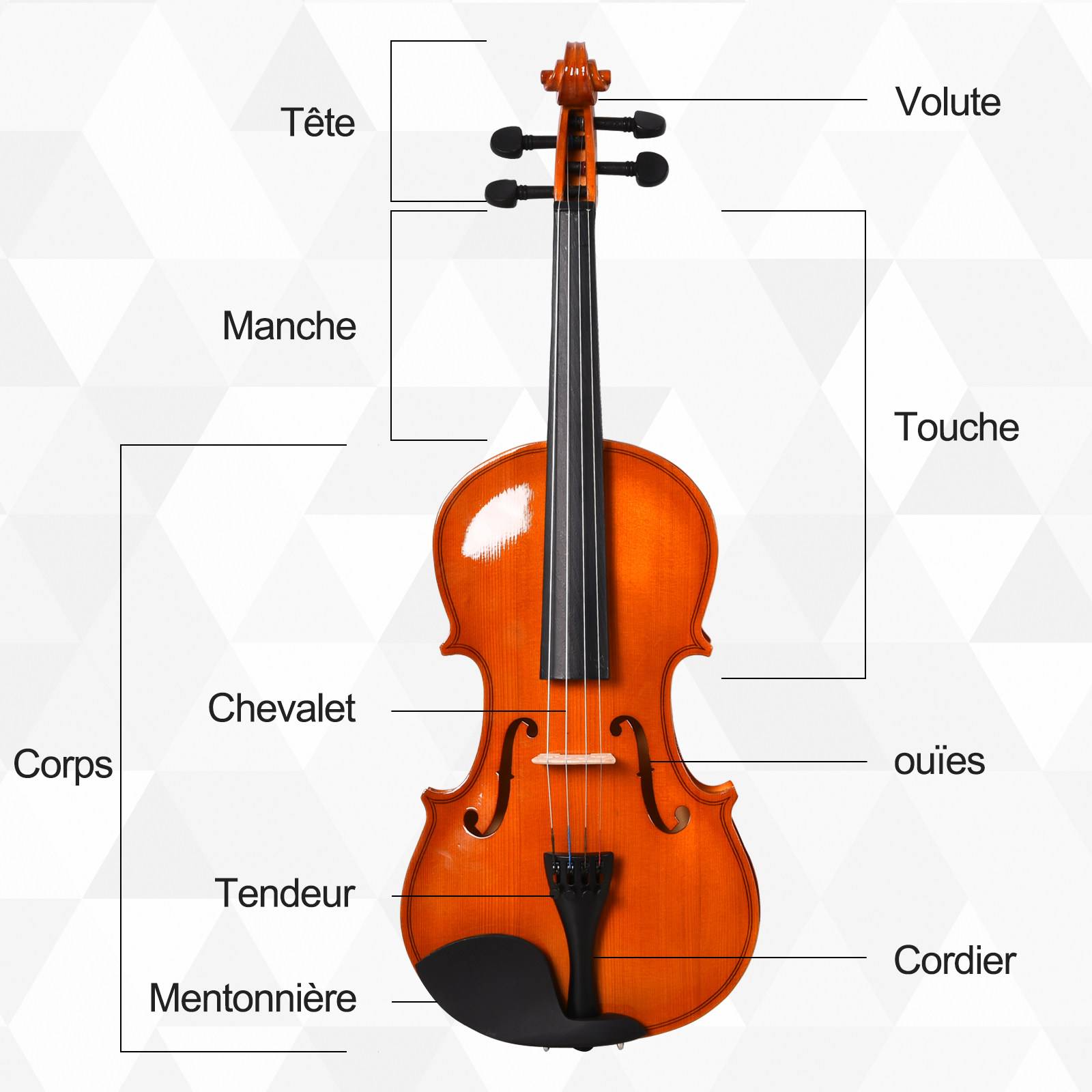 Violon 4/4 pleine grandeur avec étui, accordeur, épaulière, archet, colophane, cordes rechange et chiffon contreplaqué épicéa et érable - Image 5