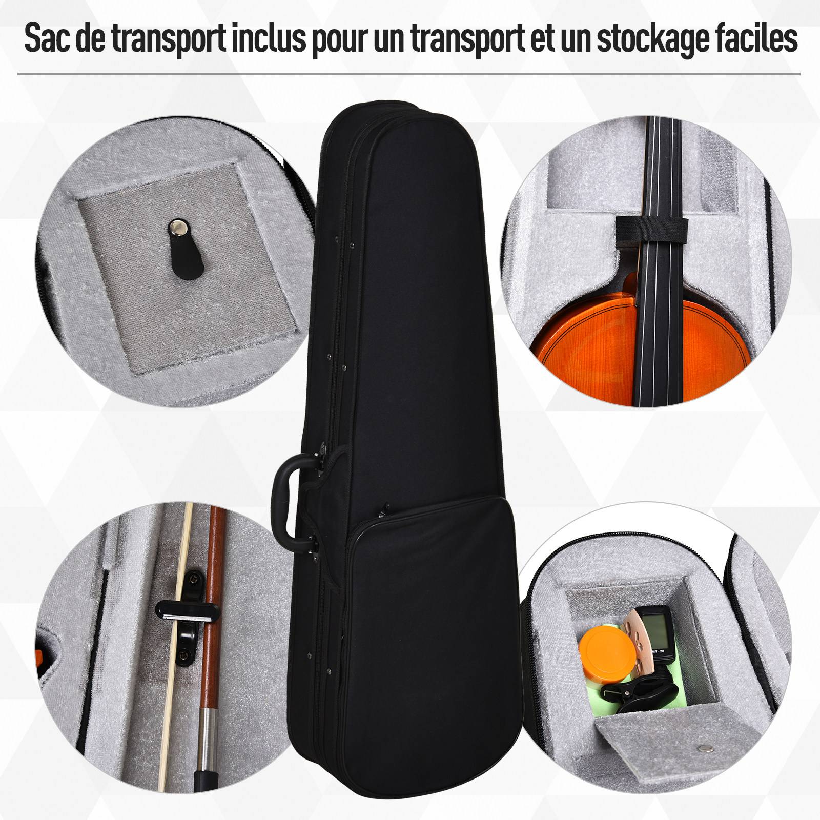 Violon 4/4 pleine grandeur avec étui, accordeur, épaulière, archet, colophane, cordes rechange et chiffon contreplaqué épicéa et érable - Image 8