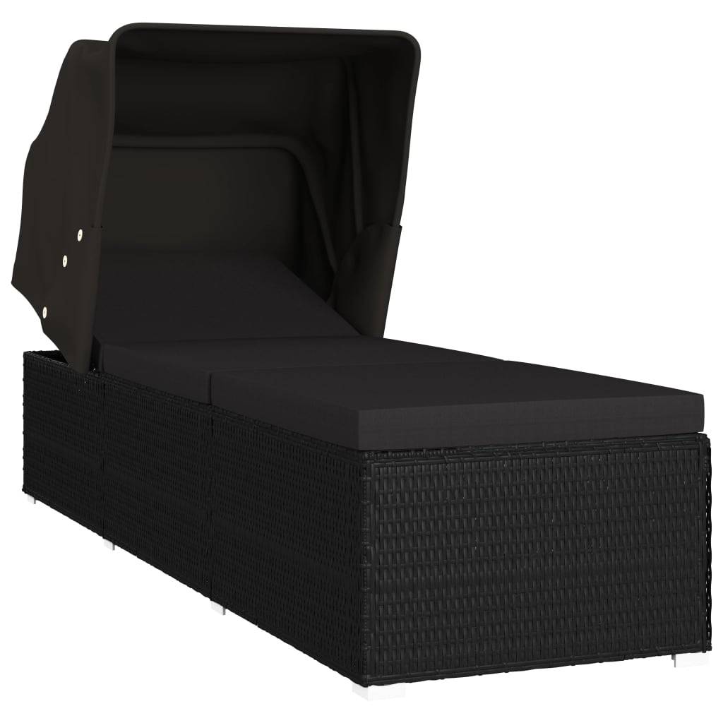 Helloshop26 - Transat chaise longue bain de soleil lit de jardin terrasse meuble d'extérieur avec auvent et coussin résine tressée noir - Image 1