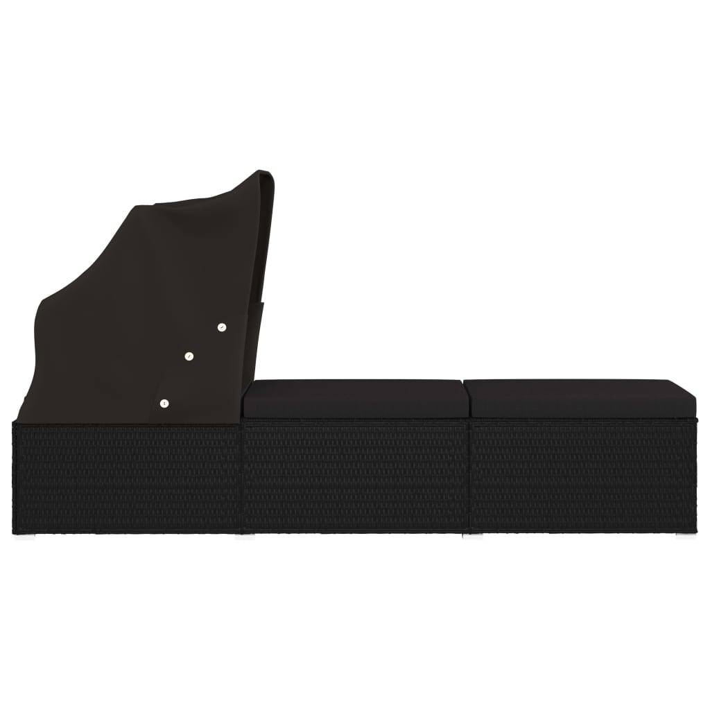 Helloshop26 - Transat chaise longue bain de soleil lit de jardin terrasse meuble d'extérieur avec auvent et coussin résine tressée noir - Image 3