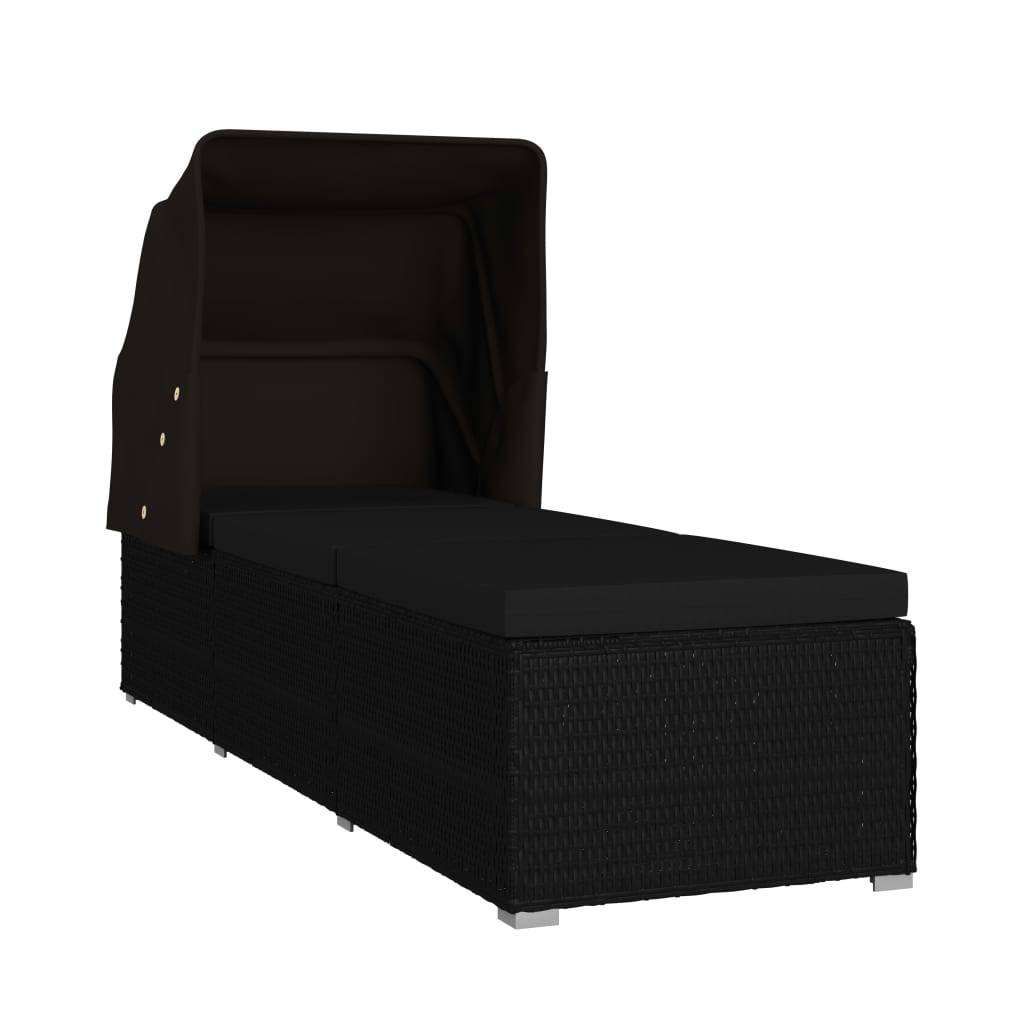 Helloshop26 - Transat chaise longue bain de soleil lit de jardin terrasse meuble d'extérieur avec auvent et coussin résine tressée noir - Image 2
