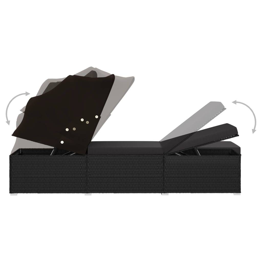 Helloshop26 - Transat chaise longue bain de soleil lit de jardin terrasse meuble d'extérieur avec auvent et coussin résine tressée noir - Image 5