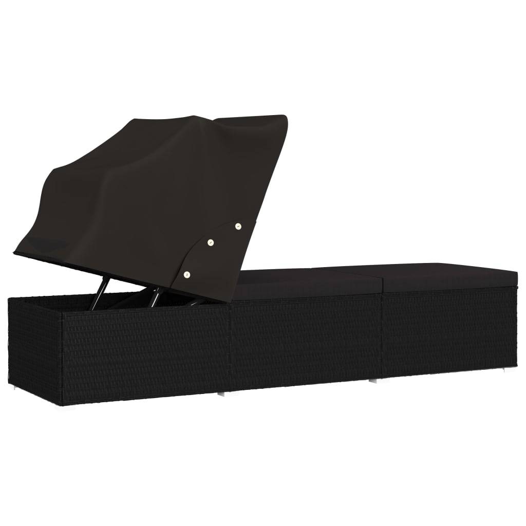 Helloshop26 - Transat chaise longue bain de soleil lit de jardin terrasse meuble d'extérieur avec auvent et coussin résine tressée noir - Image 4