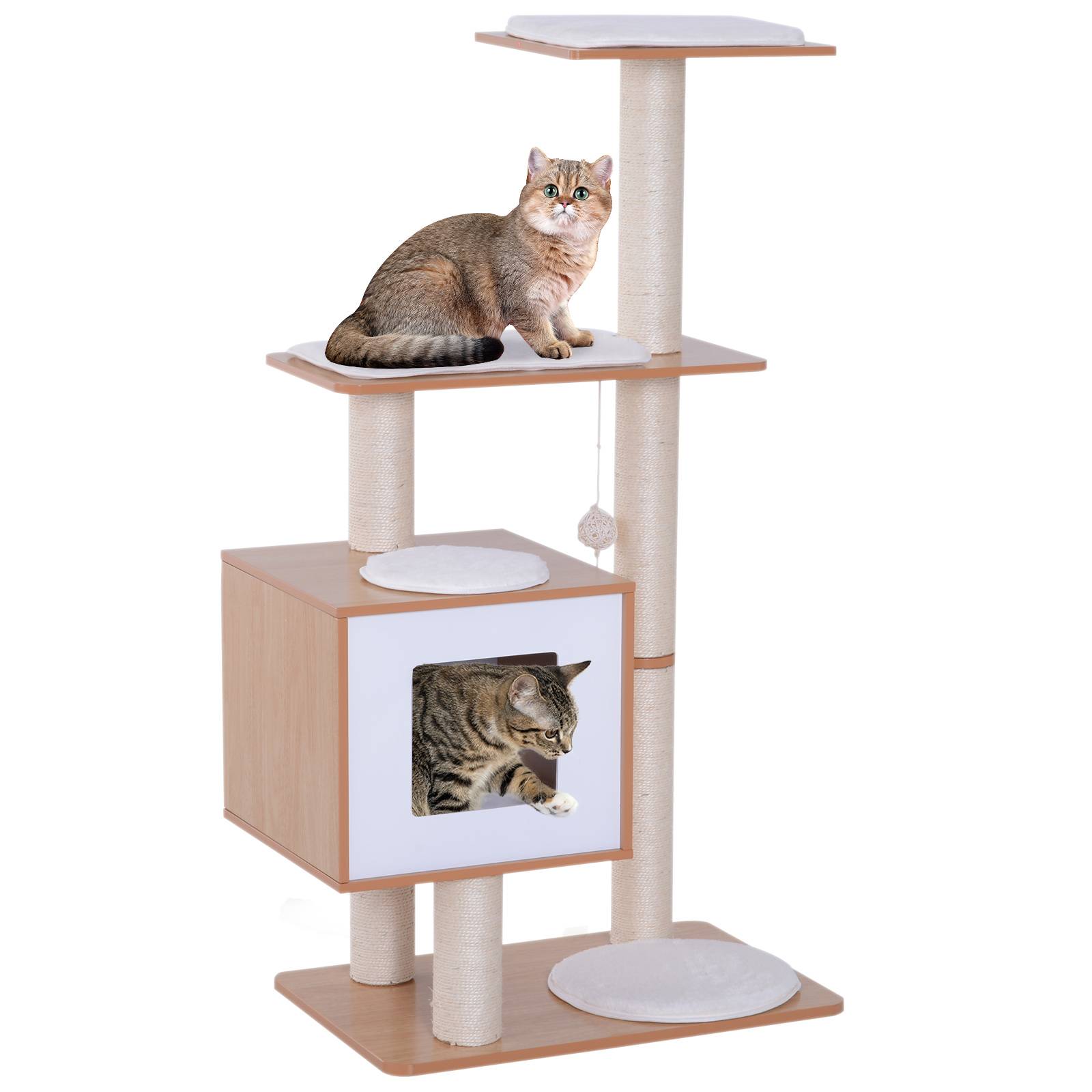 Arbre à chat bois naturel 71,5x49,5x120 cm, grotte, plateformes, poteaux sisal, coussins peluche, balles