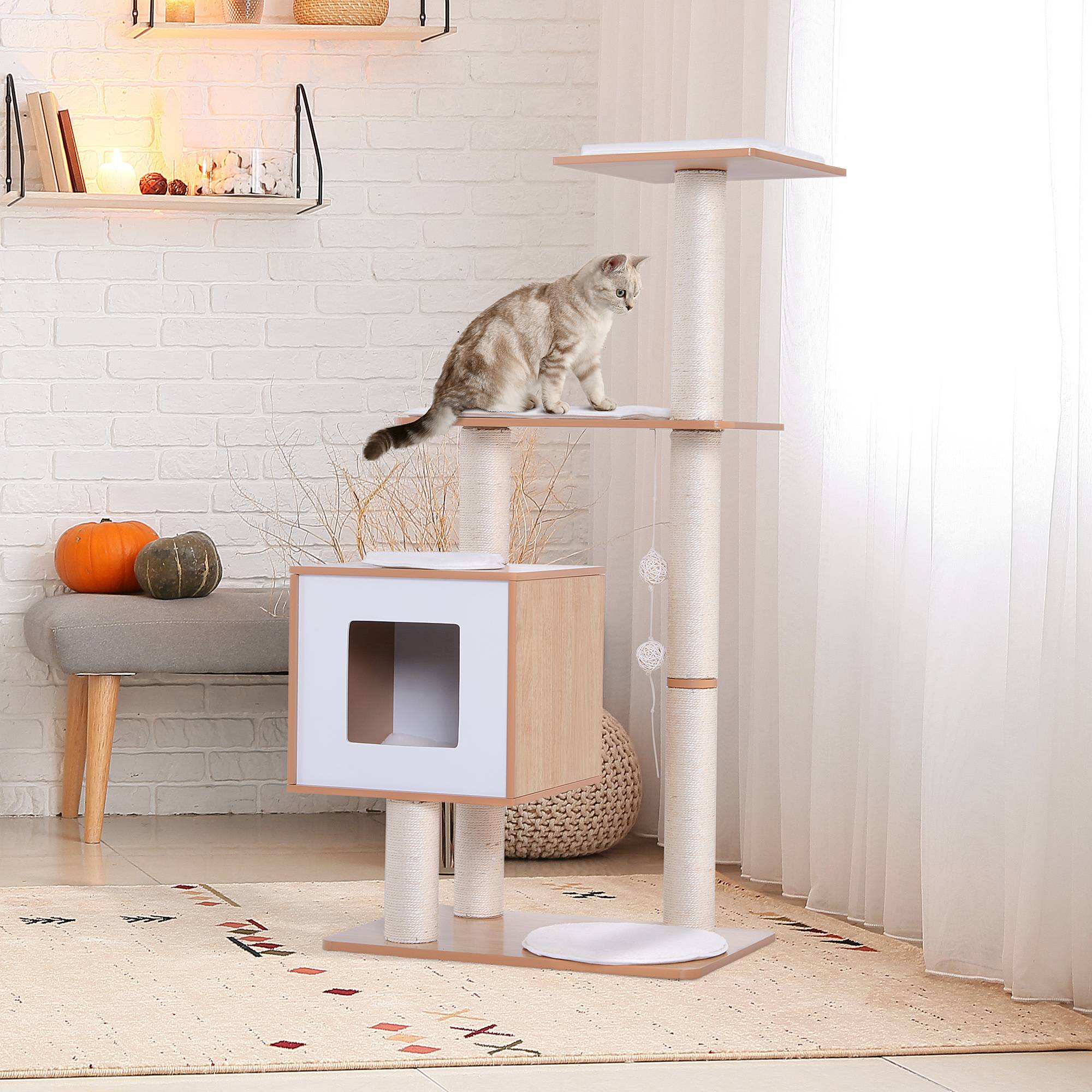 Arbre à chat bois naturel 71,5x49,5x120 cm, grotte, plateformes, poteaux sisal, coussins peluche, balles - Image 3