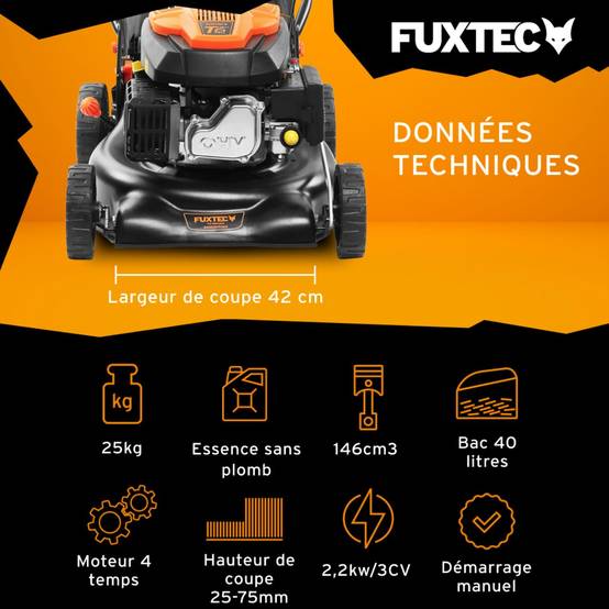 FUXTEC - Tondeuse à gazon thermique poussée FUXTEC FX-RM4346ECO – 42 cm – 146 cm³ – 3,5 CV – Easy Clean - Image 3