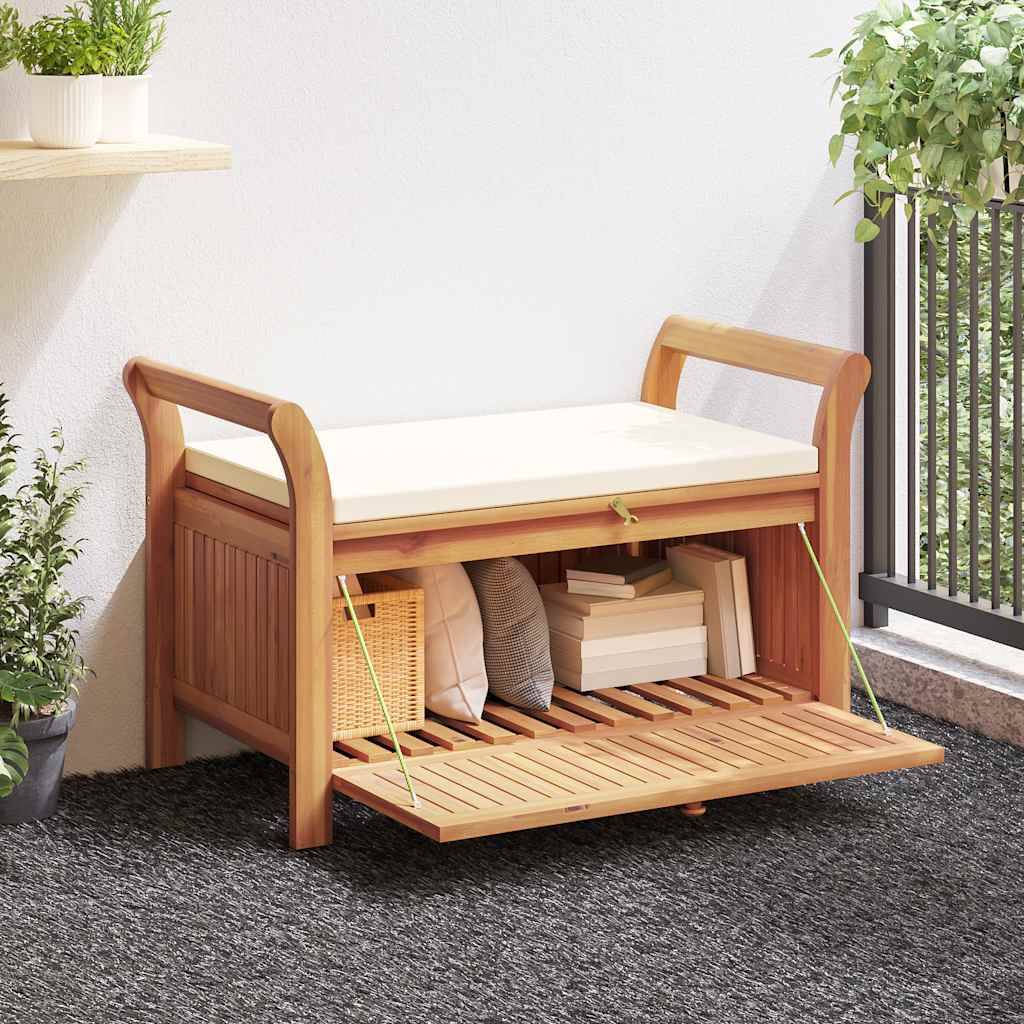 Banc Coffre Rangement Jardin Bois Acacia avec Coussin Crème pour Patio Brun 91cm – ComfortXL Outdoor Living - Image 1