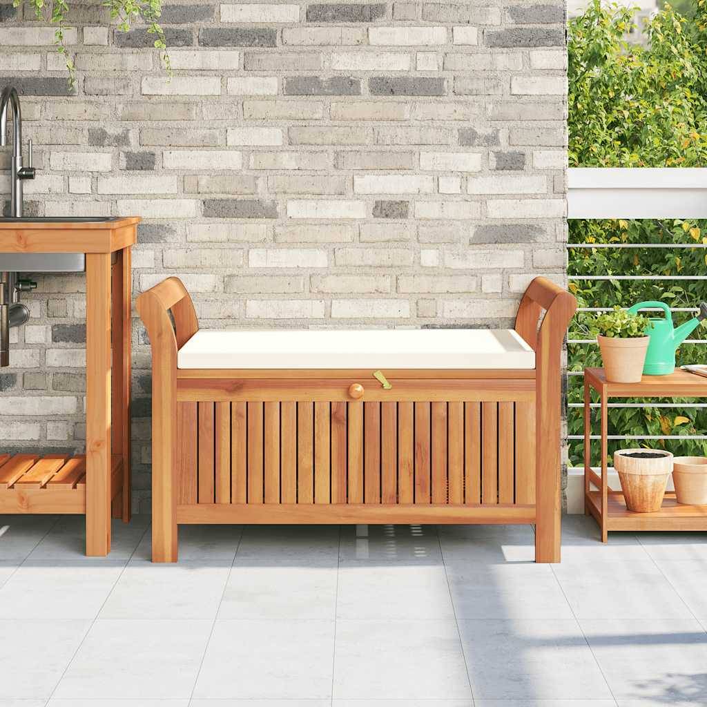 Banc Coffre Rangement Jardin Bois Acacia avec Coussin Crème pour Patio Brun 91cm – ComfortXL Outdoor Living - Image 3