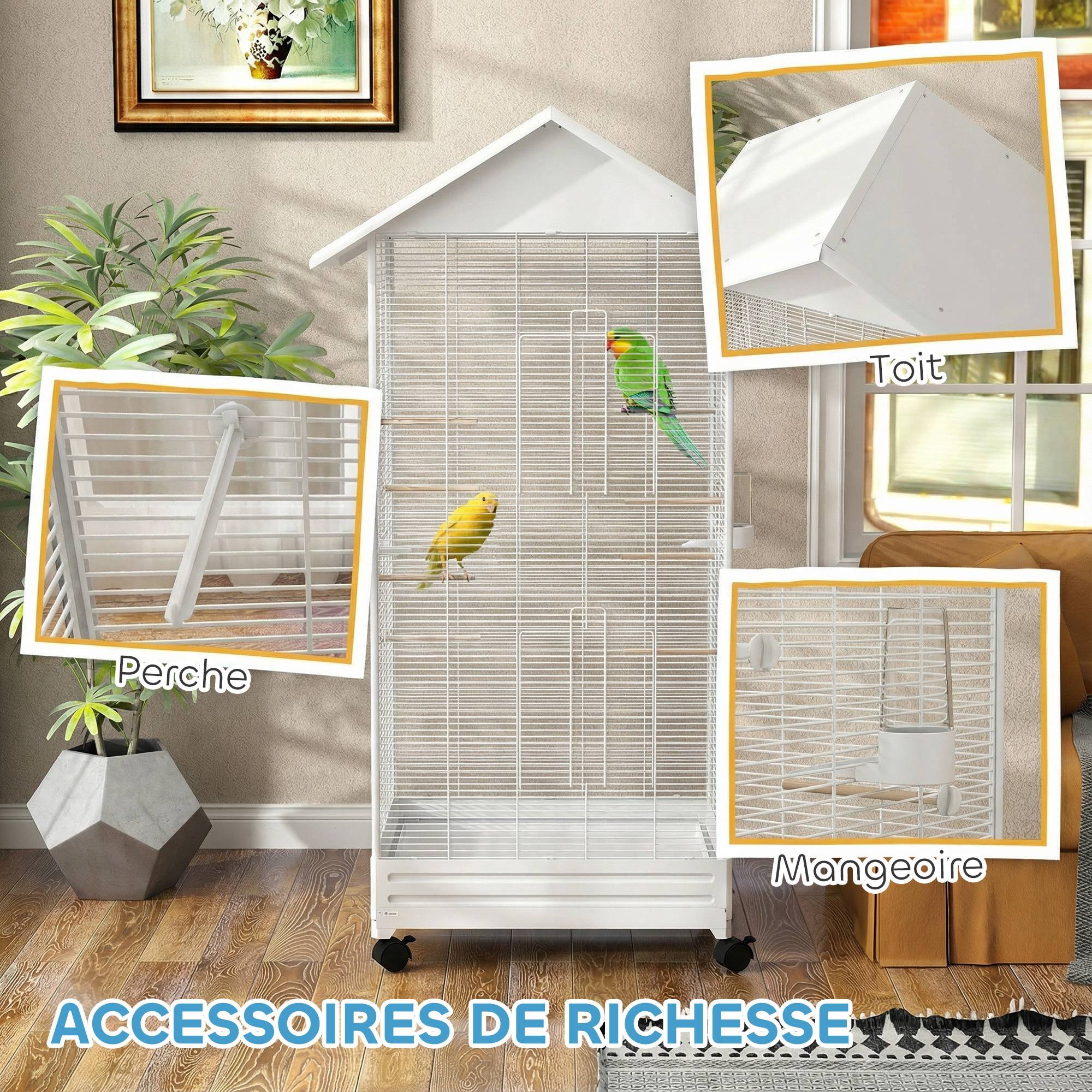 Cage oiseau sur pied volière oiseaux intérieure sur roulettes 2 mangeoires 8 perchoirs 79 x 65 x 155 cm fil d'acier blanc - Image 10