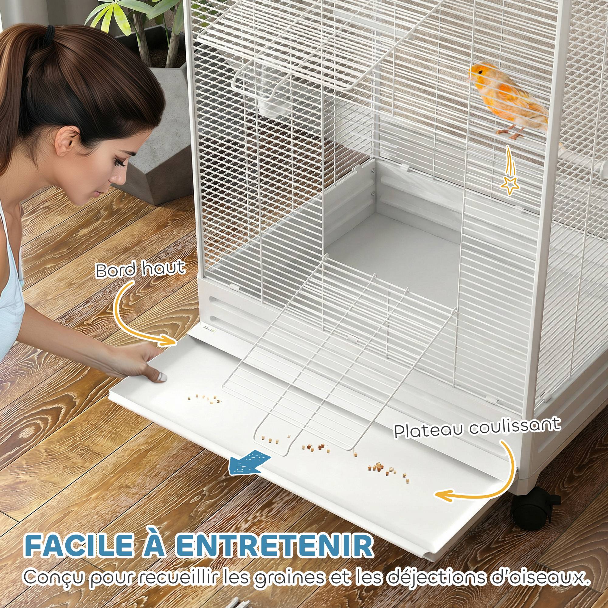 Cage oiseau sur pied volière oiseaux intérieure sur roulettes 2 mangeoires 8 perchoirs 79 x 65 x 155 cm fil d'acier blanc - Image 7