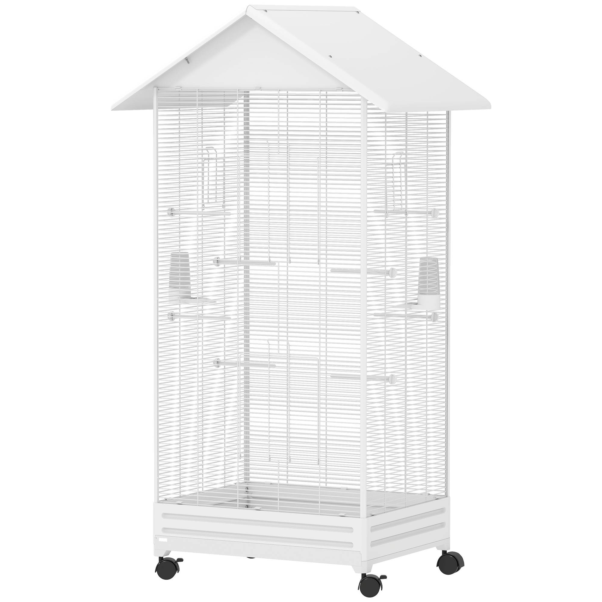 Cage oiseau sur pied volière oiseaux intérieure sur roulettes 2 mangeoires 8 perchoirs 79 x 65 x 155 cm fil d'acier blanc - Image 2