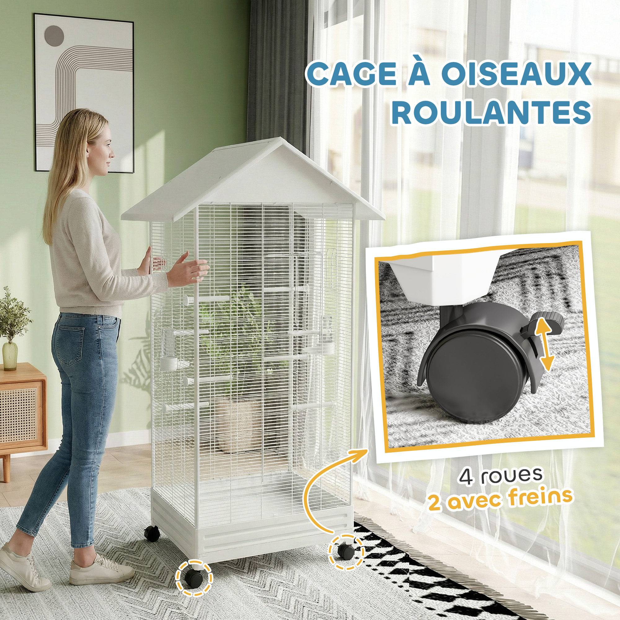 Cage oiseau sur pied volière oiseaux intérieure sur roulettes 2 mangeoires 8 perchoirs 79 x 65 x 155 cm fil d'acier blanc - Image 9
