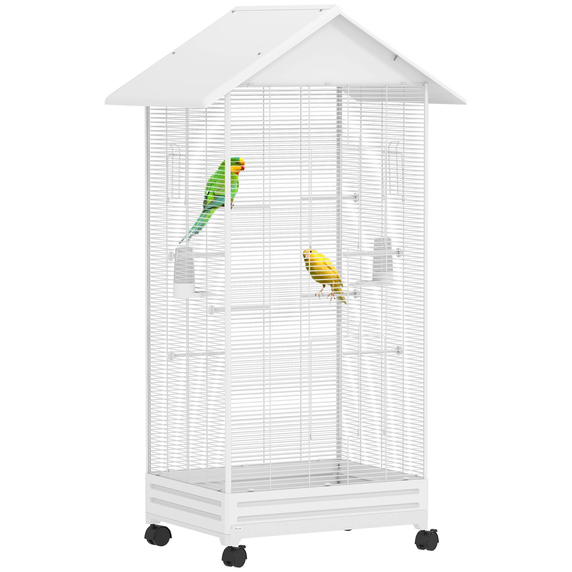 Cage oiseau sur pied volière oiseaux intérieure sur roulettes 2 mangeoires 8 perchoirs 79 x 65 x 155 cm fil d'acier blanc - Image 1