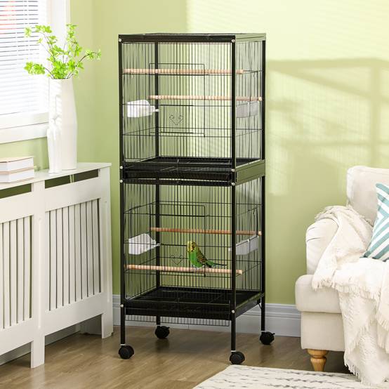 Volière Double 2 Niveaux sur Roulettes pour Perruches Canaris 51,5x50x140 cm Noir - ComfortXL Outdoor Living - Image 4