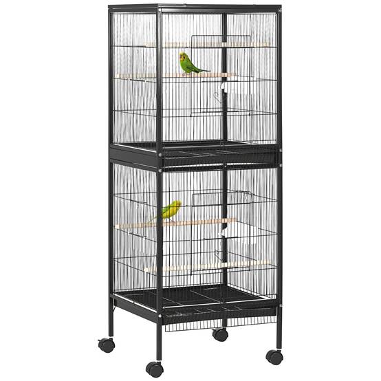 Volière Double 2 Niveaux sur Roulettes pour Perruches Canaris 51,5x50x140 cm Noir - ComfortXL Outdoor Living - Image 1
