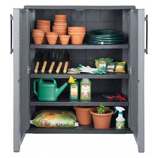 Dmora - Armoire d'extérieur Bilzen, Mobilier d'extérieur, Armoire de balcon polyvalente, 100% Made in Italy, Gris et Noir, Finition rayée, 68x37h84 cm - Dmora - Image 1