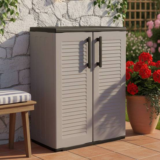 Dmora - Armoire d'extérieur Bilzen, Mobilier d'extérieur, Armoire de balcon polyvalente, 100% Made in Italy, Gris et Noir, Finition rayée, 68x37h84 cm - Dmora - Image 2