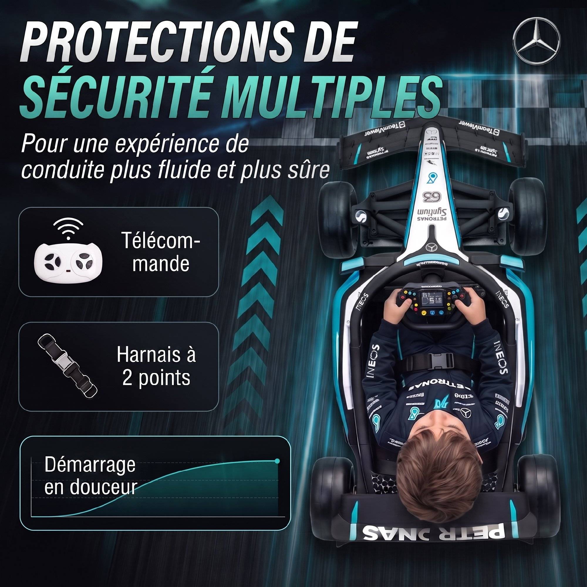 Sans Marque - Kart Électrique Enfants 12V, Go Kart Mercedes-AMG PETRONAS F1 avec 2 Moteurs, Télécommande, 3 Vitesses, Noir - Image 9