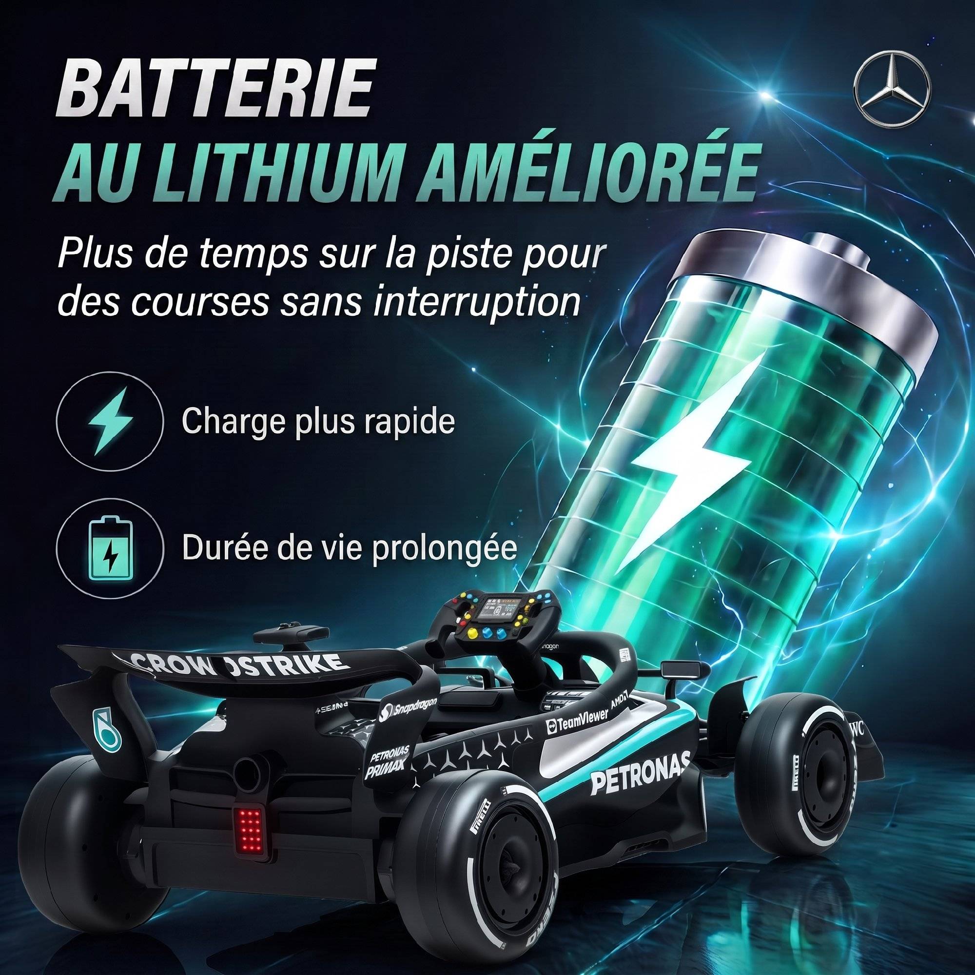 Sans Marque - Kart Électrique Enfants 12V, Go Kart Mercedes-AMG PETRONAS F1 avec 2 Moteurs, Télécommande, 3 Vitesses, Noir - Image 7