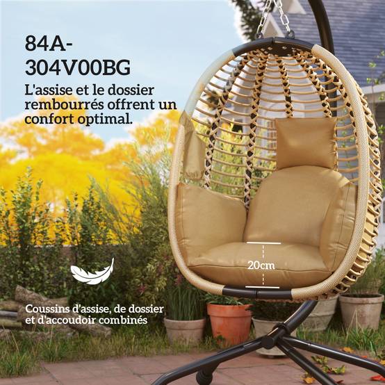Fauteuil œuf suspendu pliant acier intérieur extérieur grand confort coussin beige - ComfortXL Outdoor Living - Image 8