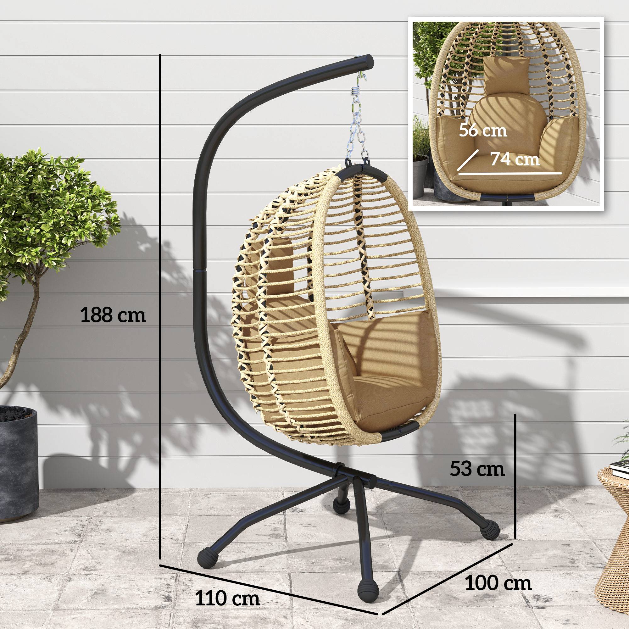 Fauteuil œuf suspendu pliant acier intérieur extérieur grand confort coussin beige - ComfortXL Outdoor Living - Image 5