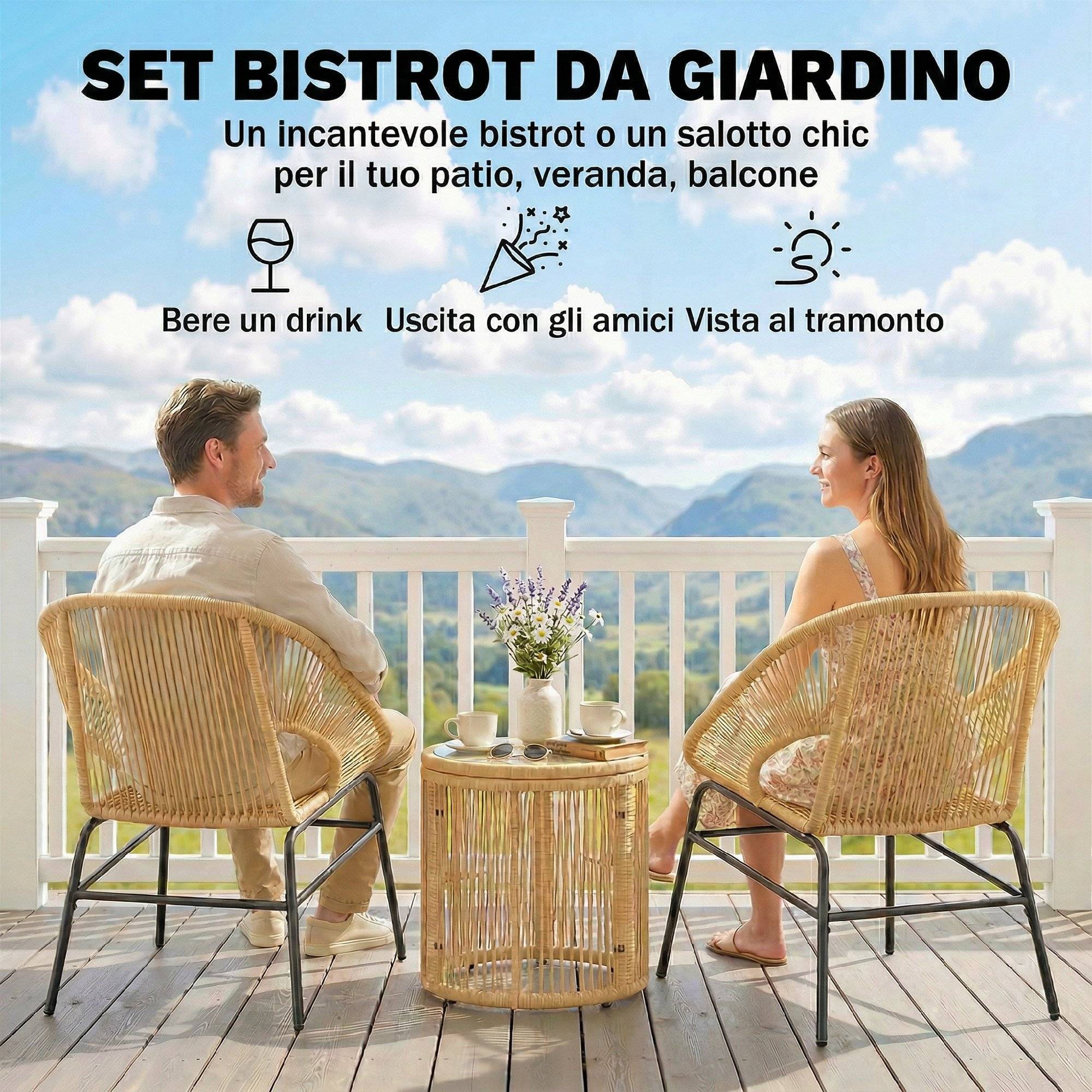 Ensemble bistrot 3 pcs rotin et acier, 2 chaises, table ronde plateau verre trempé, beige - Image 6