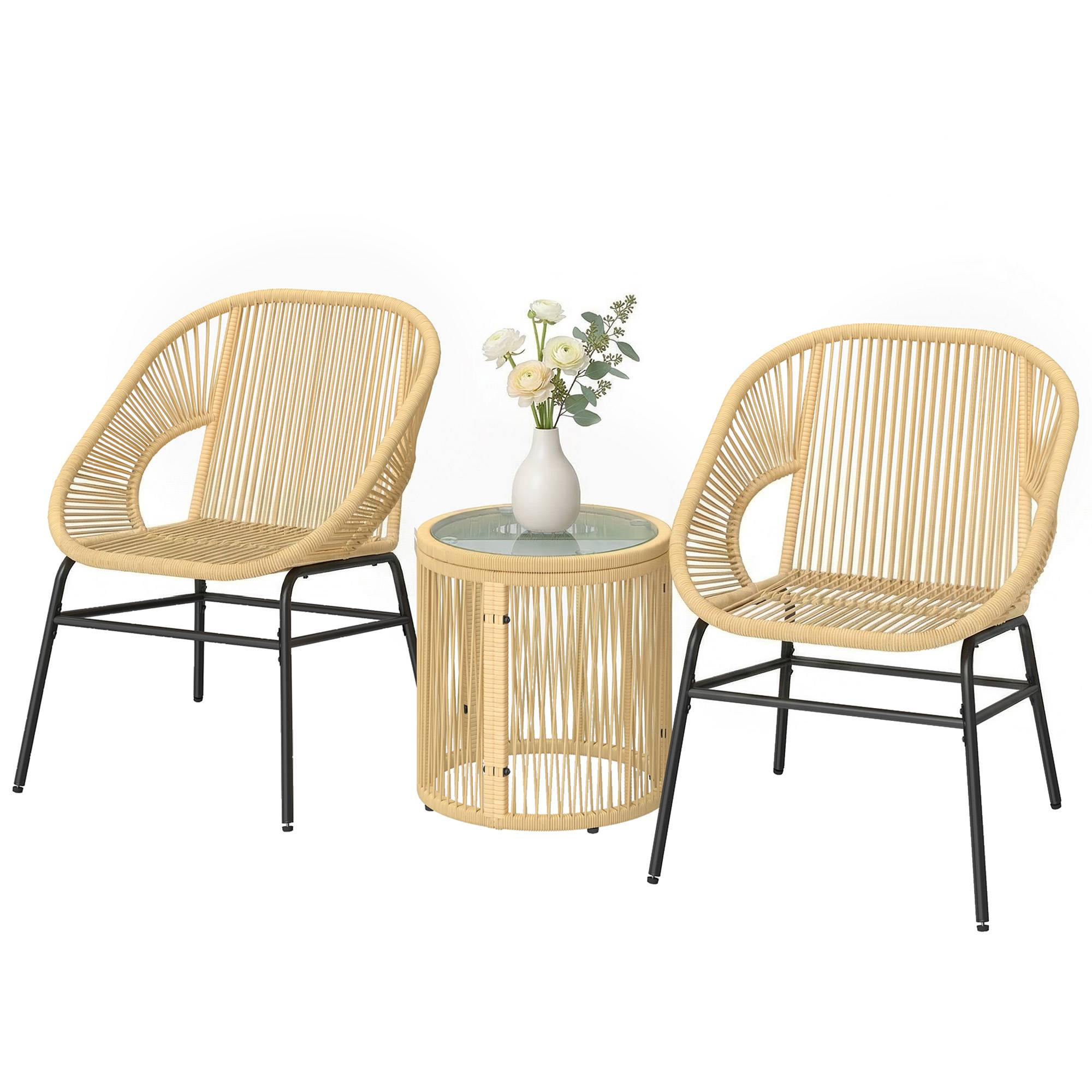 Ensemble bistrot 3 pcs rotin et acier, 2 chaises, table ronde plateau verre trempé, beige - Image 2