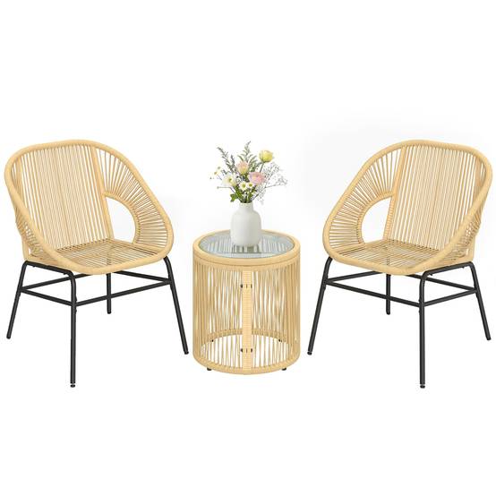 Ensemble bistrot 3 pcs rotin et acier, 2 chaises, table ronde plateau verre trempé, beige - Image 1