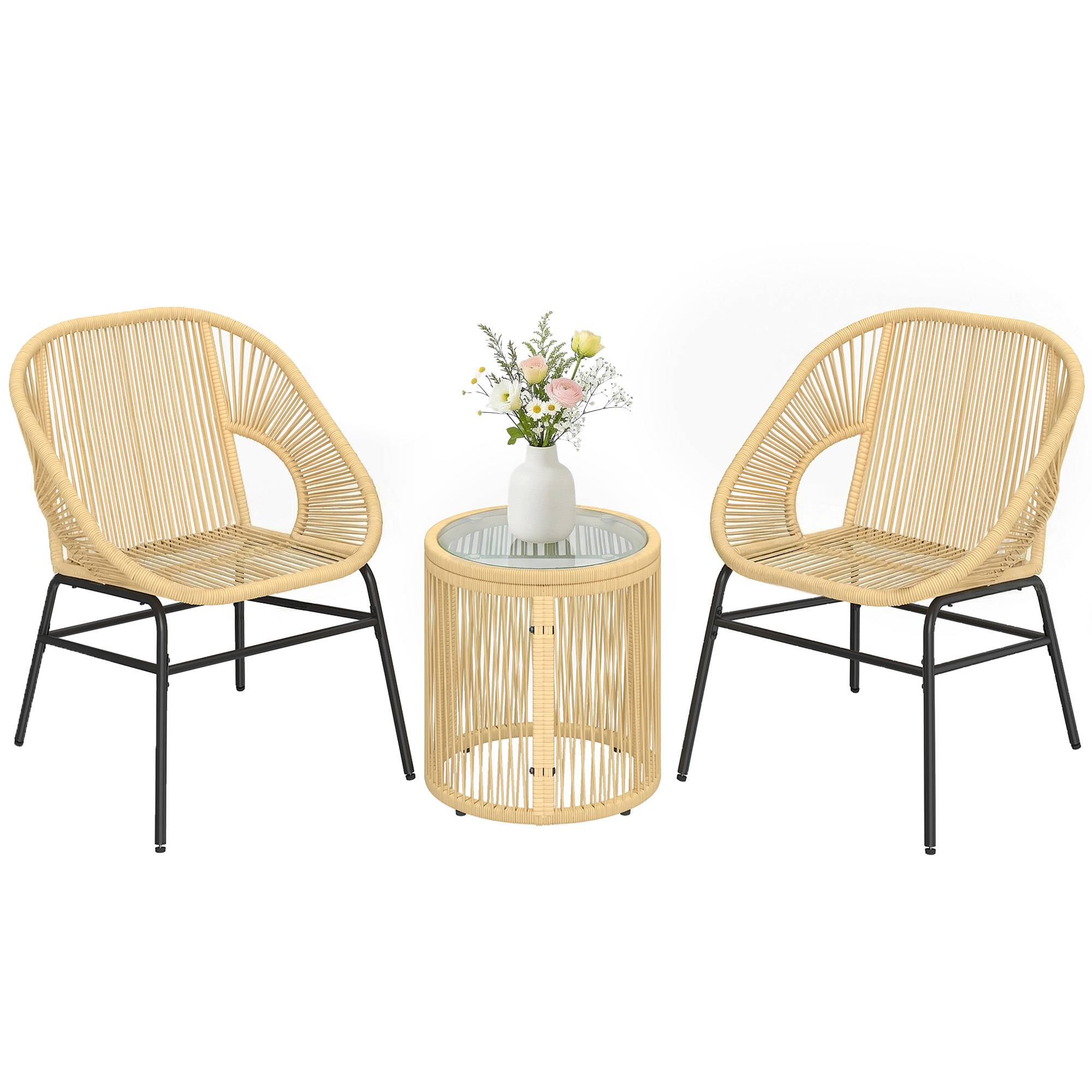 Ensemble bistrot 3 pcs rotin et acier, 2 chaises, table ronde plateau verre trempé, beige - Image 1