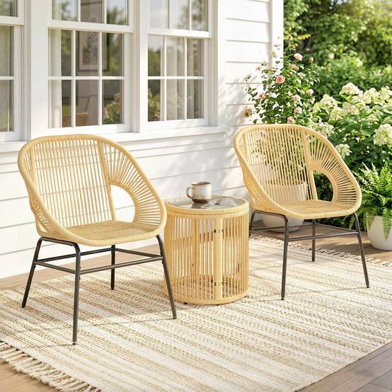 Ensemble bistrot 3 pcs rotin et acier, 2 chaises, table ronde plateau verre trempé, beige - Image 3
