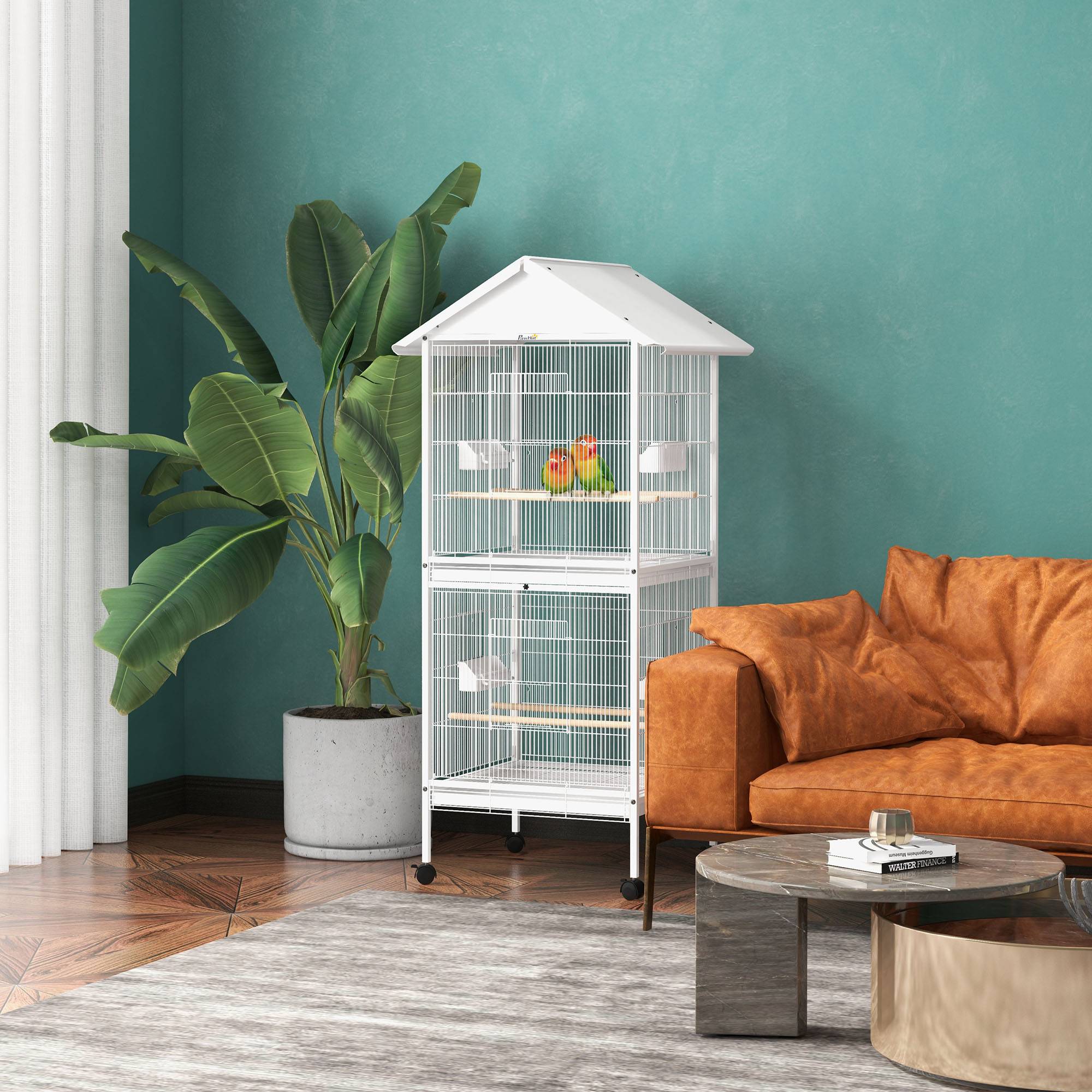 Sans Marque - Volière cage à oiseaux sur roulettes design maison mangeoires perchoirs portes plateaux excréments amovibles métal - Image 3