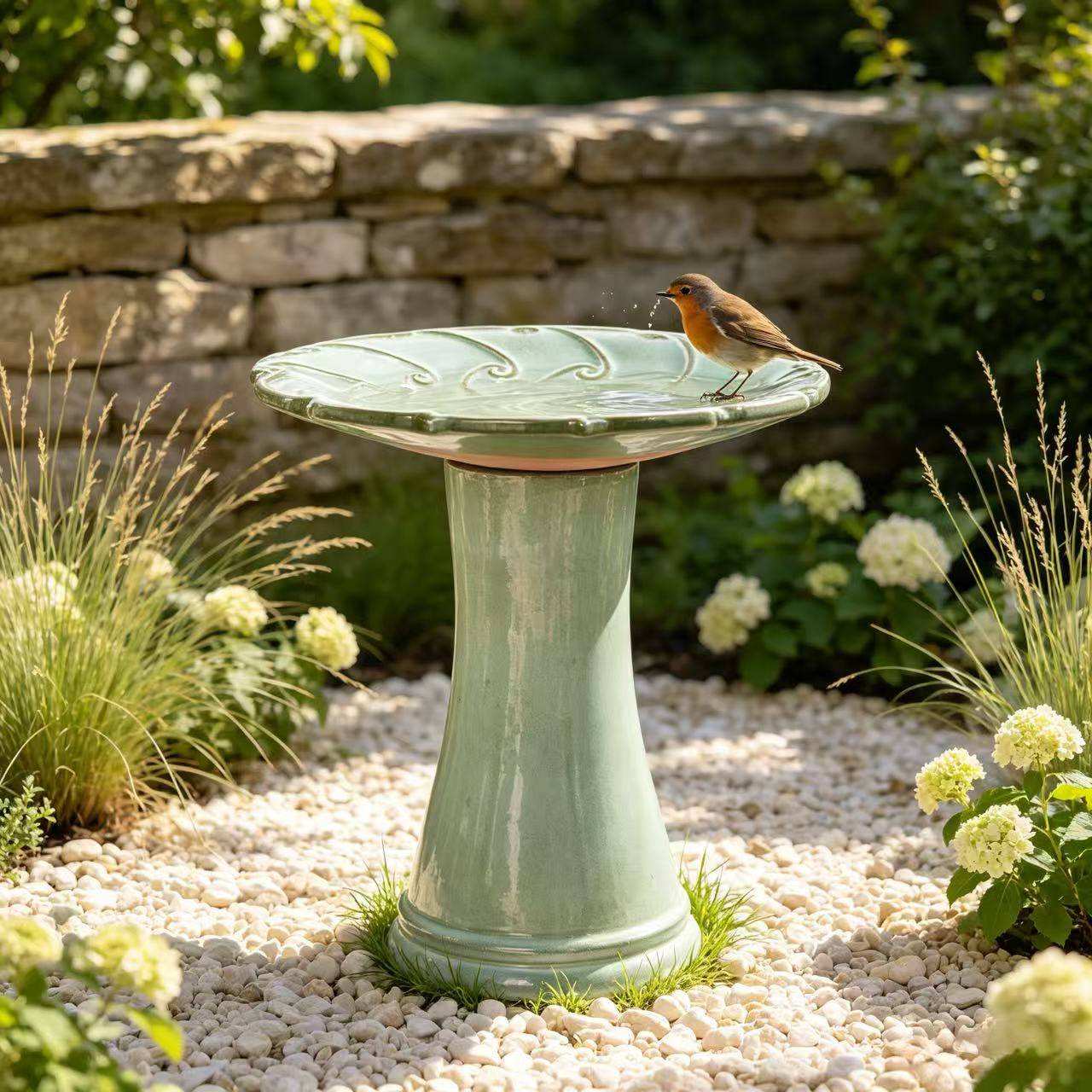 ComfortXL - Bain d’oiseaux en grès Ø 43 x H 45 cm vert clair pour jardin terrasse abreuvoir décoratif - ComfortXL Outdoor Living