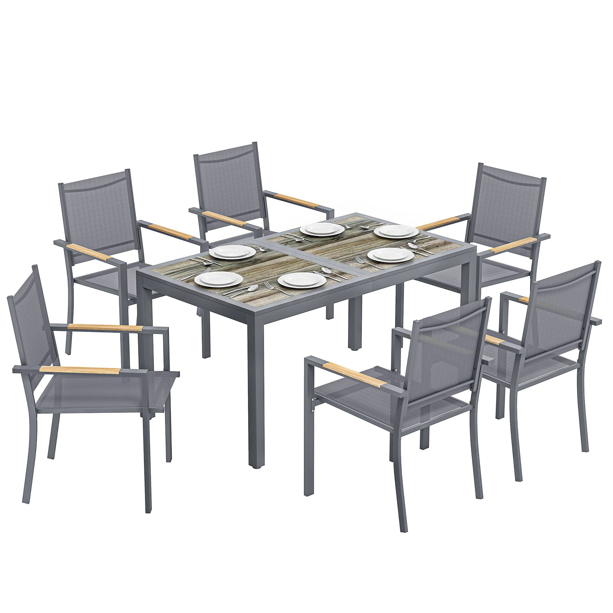 Salon de Jardin Ensemble Mobilier de Jardin 7 Pièces Table Effet Bois 6 Chaises Empilables en Textilène 140x80x72cm Gris - Image 1
