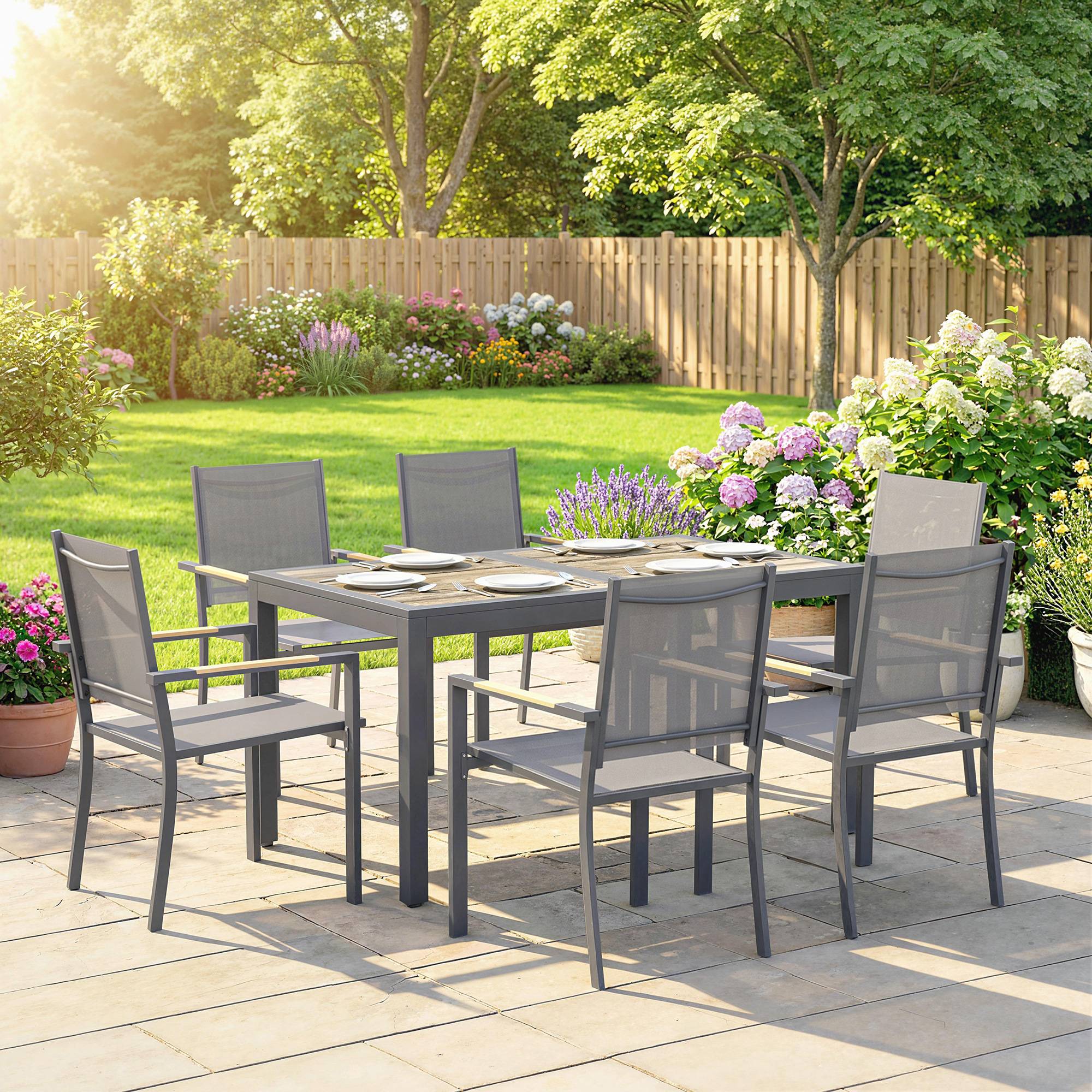 Salon de Jardin Ensemble Mobilier de Jardin 7 Pièces Table Effet Bois 6 Chaises Empilables en Textilène 140x80x72cm Gris - Image 4