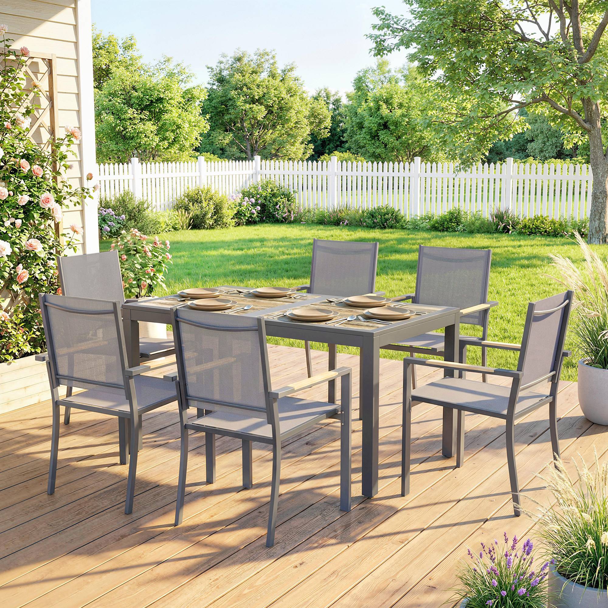 Salon de Jardin Ensemble Mobilier de Jardin 7 Pièces Table Effet Bois 6 Chaises Empilables en Textilène 140x80x72cm Gris - Image 3
