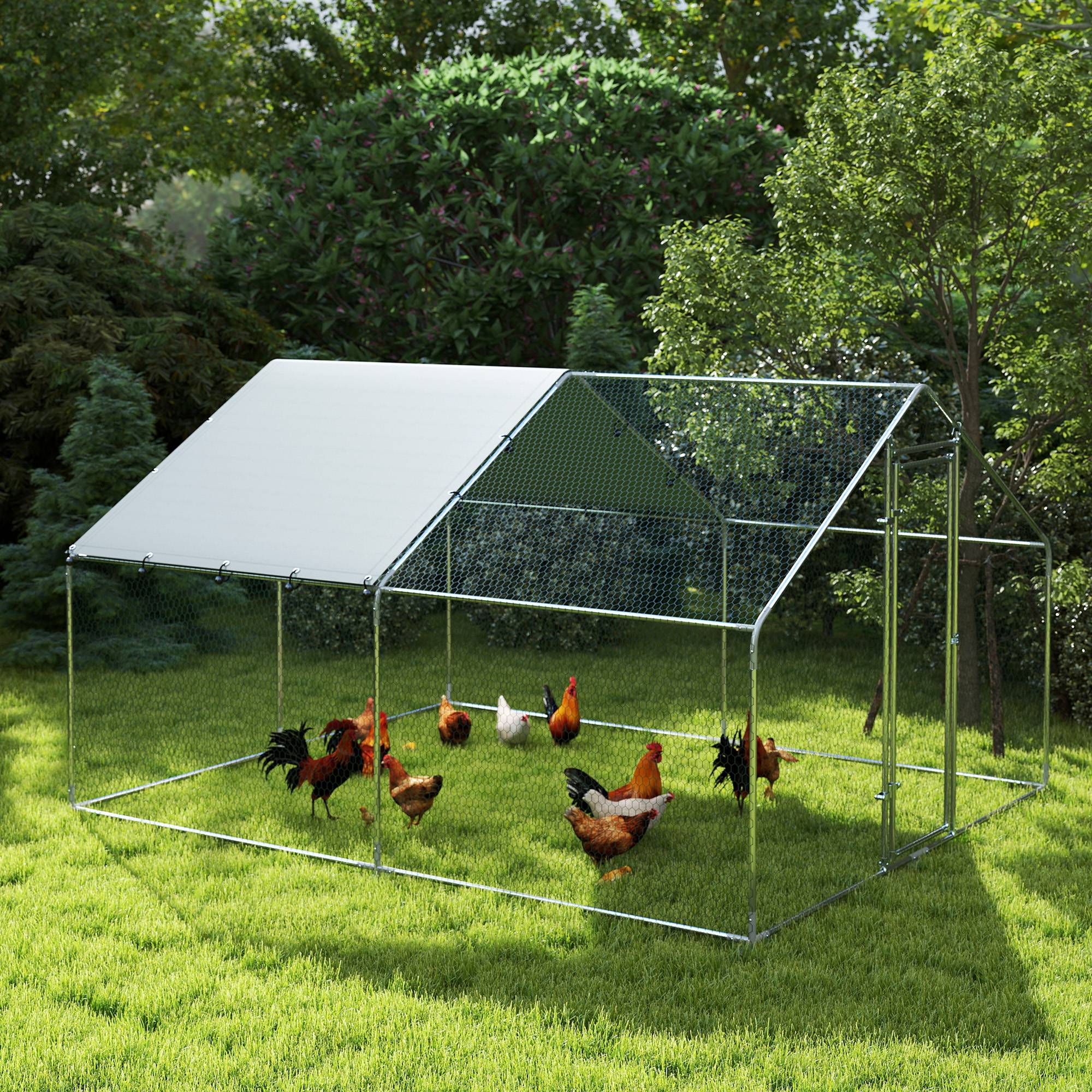 Poulailler en acier, avec toile imperméable résistante aux UV, verrou de sécurité, pour 10 à 15 poules, 3 x 3,4 x 1,9 m, argent. - Image 10