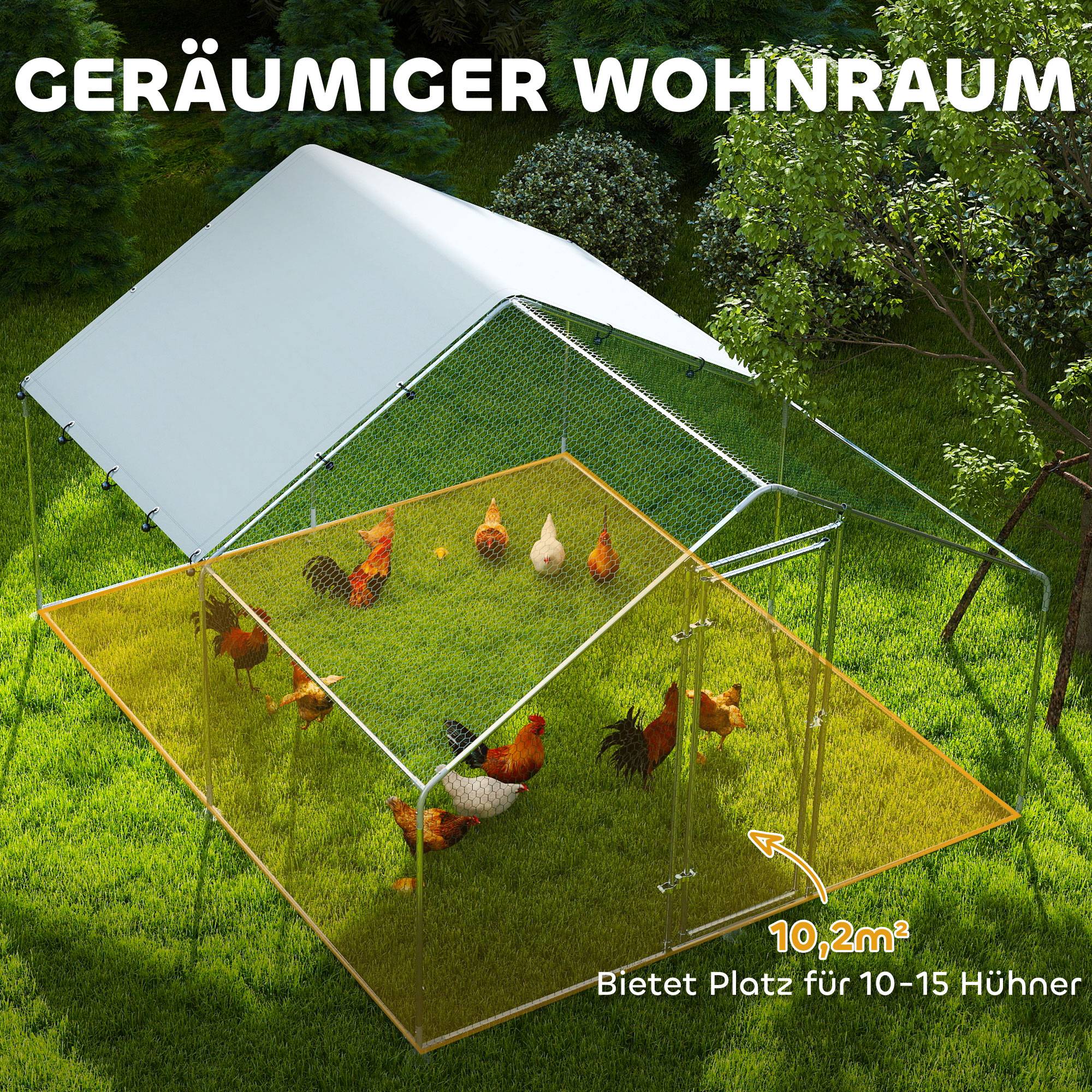 Poulailler en acier, avec toile imperméable résistante aux UV, verrou de sécurité, pour 10 à 15 poules, 3 x 3,4 x 1,9 m, argent. - Image 6