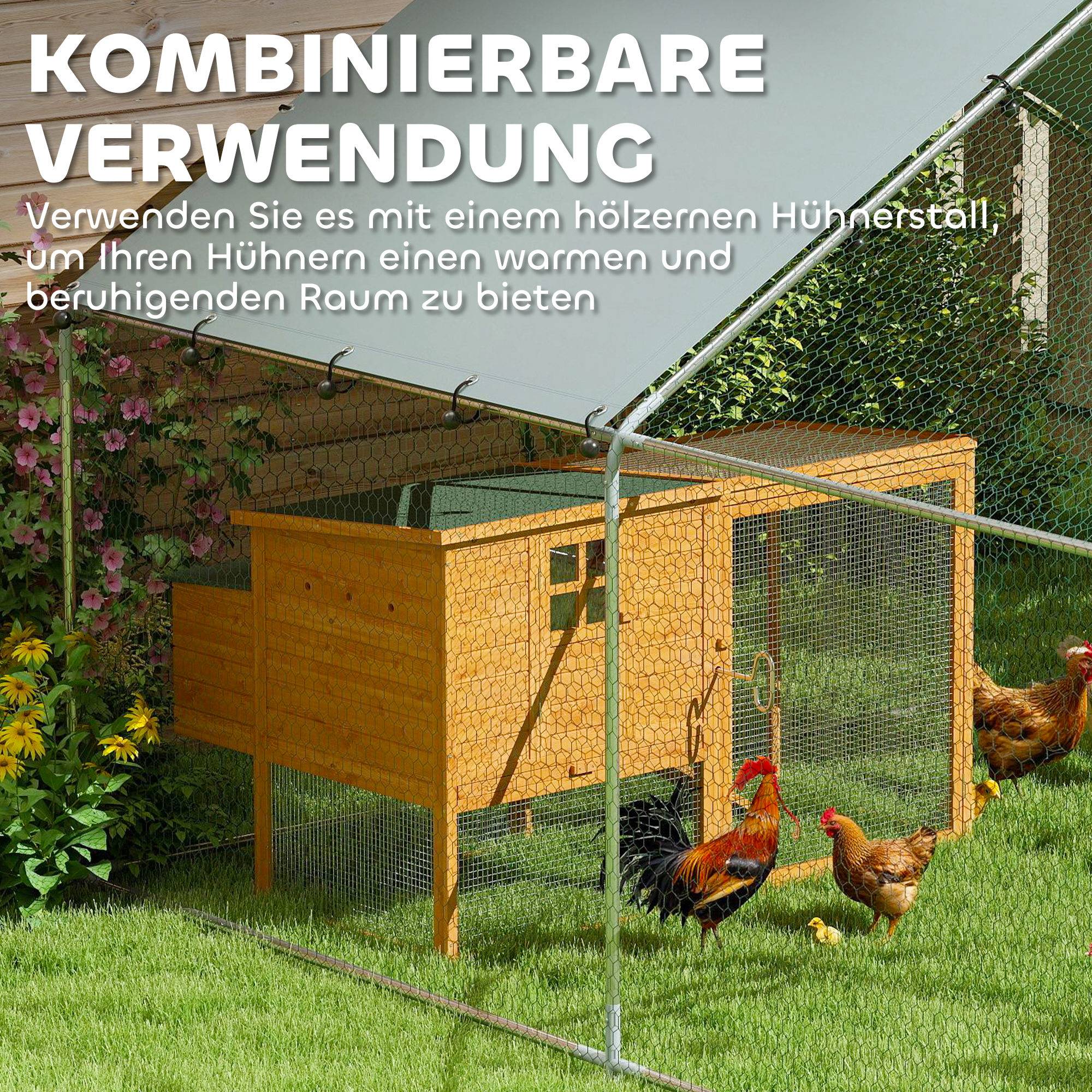 Poulailler en acier, avec toile imperméable résistante aux UV, verrou de sécurité, pour 10 à 15 poules, 3 x 3,4 x 1,9 m, argent. - Image 7